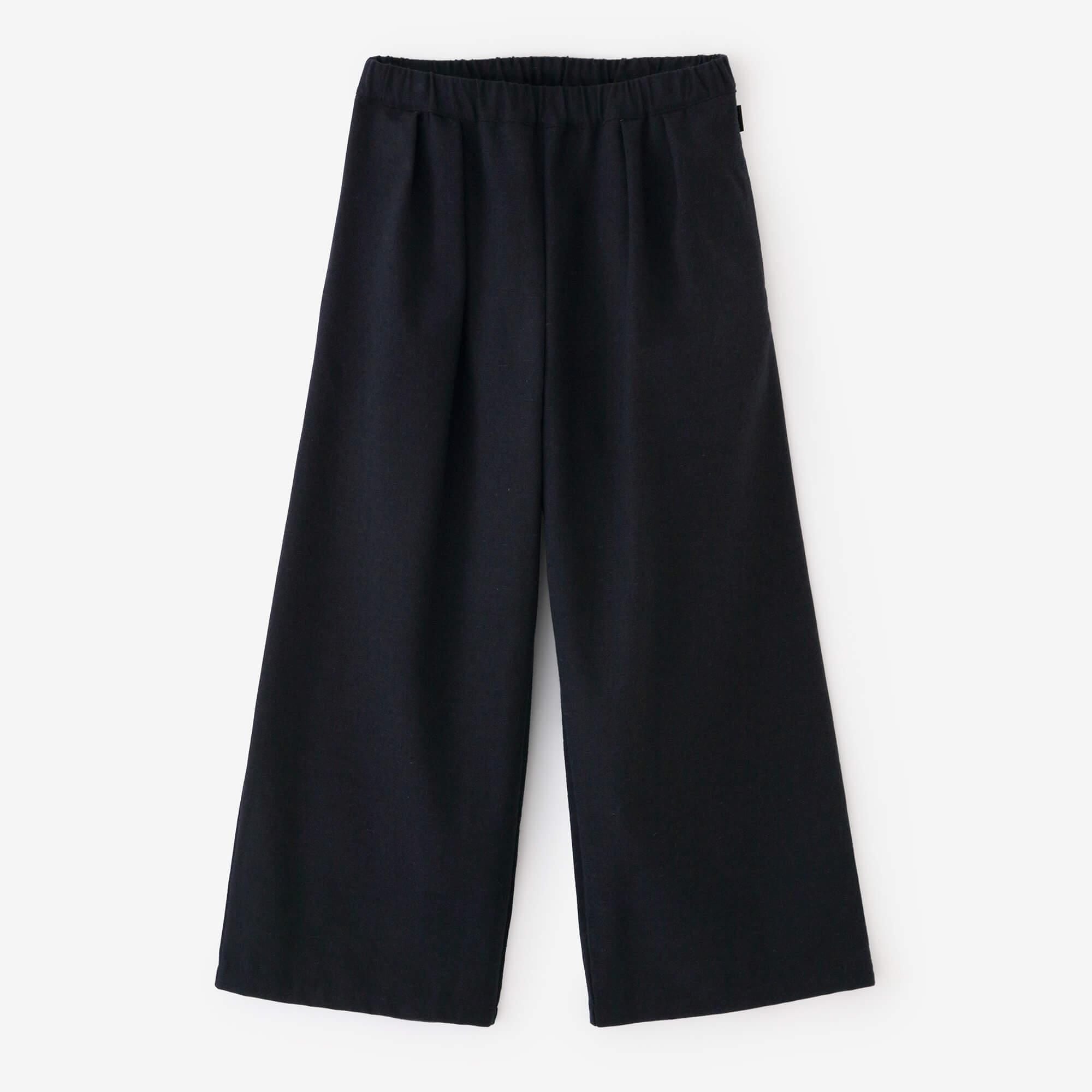 棉毛混紡二褶闊腿褲/深藍色