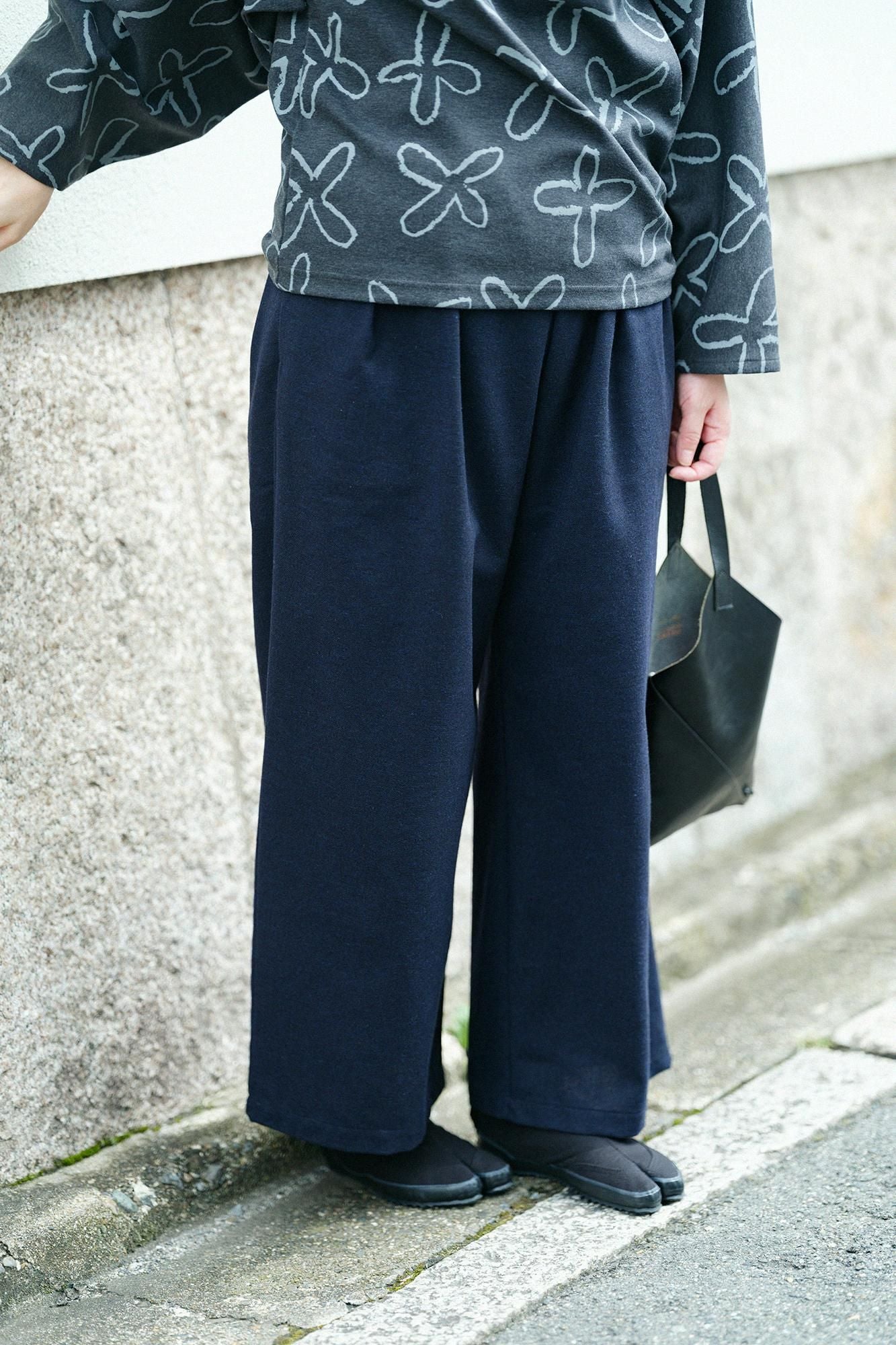 棉毛混紡二褶闊腿褲/深藍色