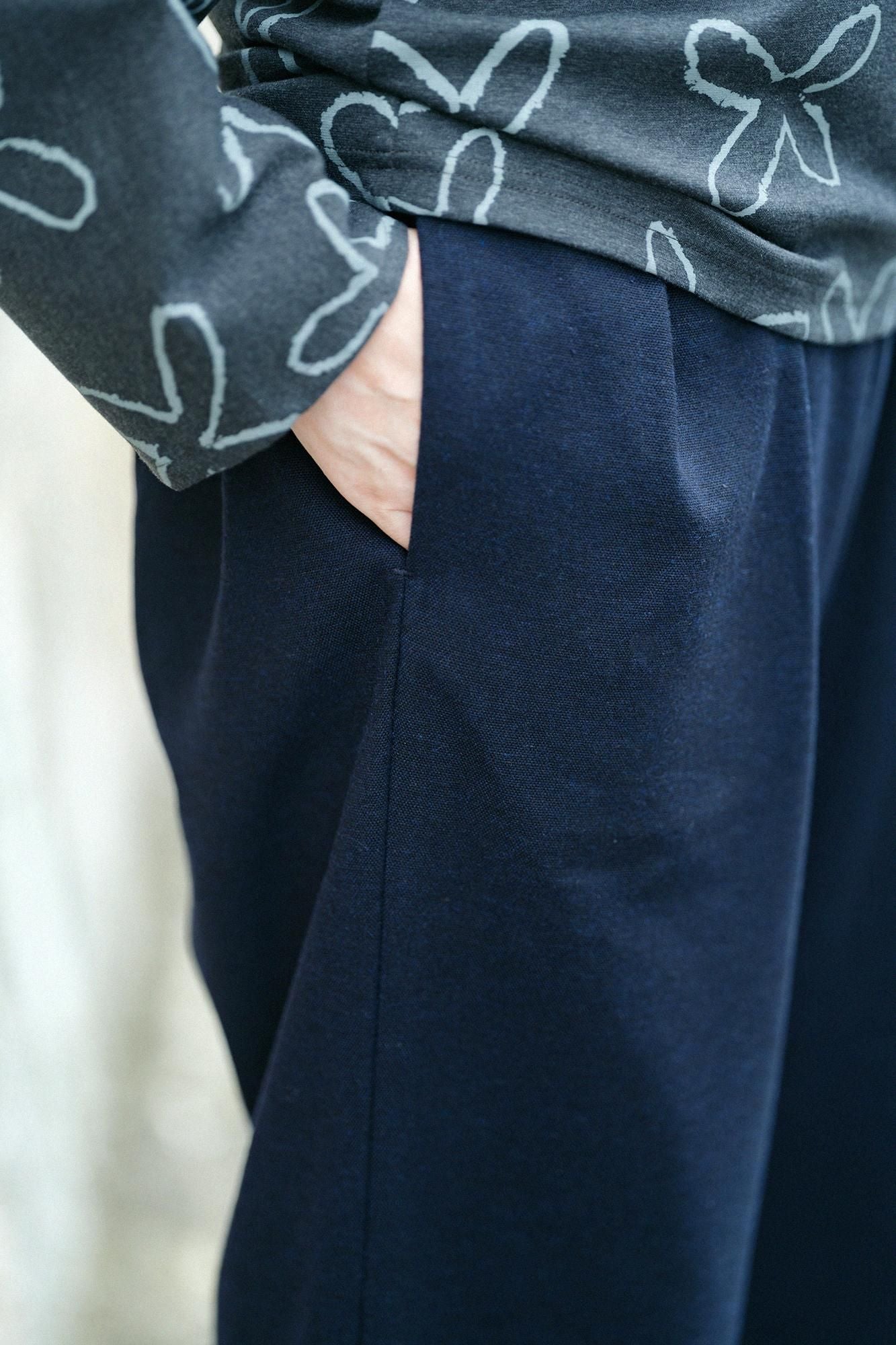 棉毛混紡二褶闊腿褲/深藍色