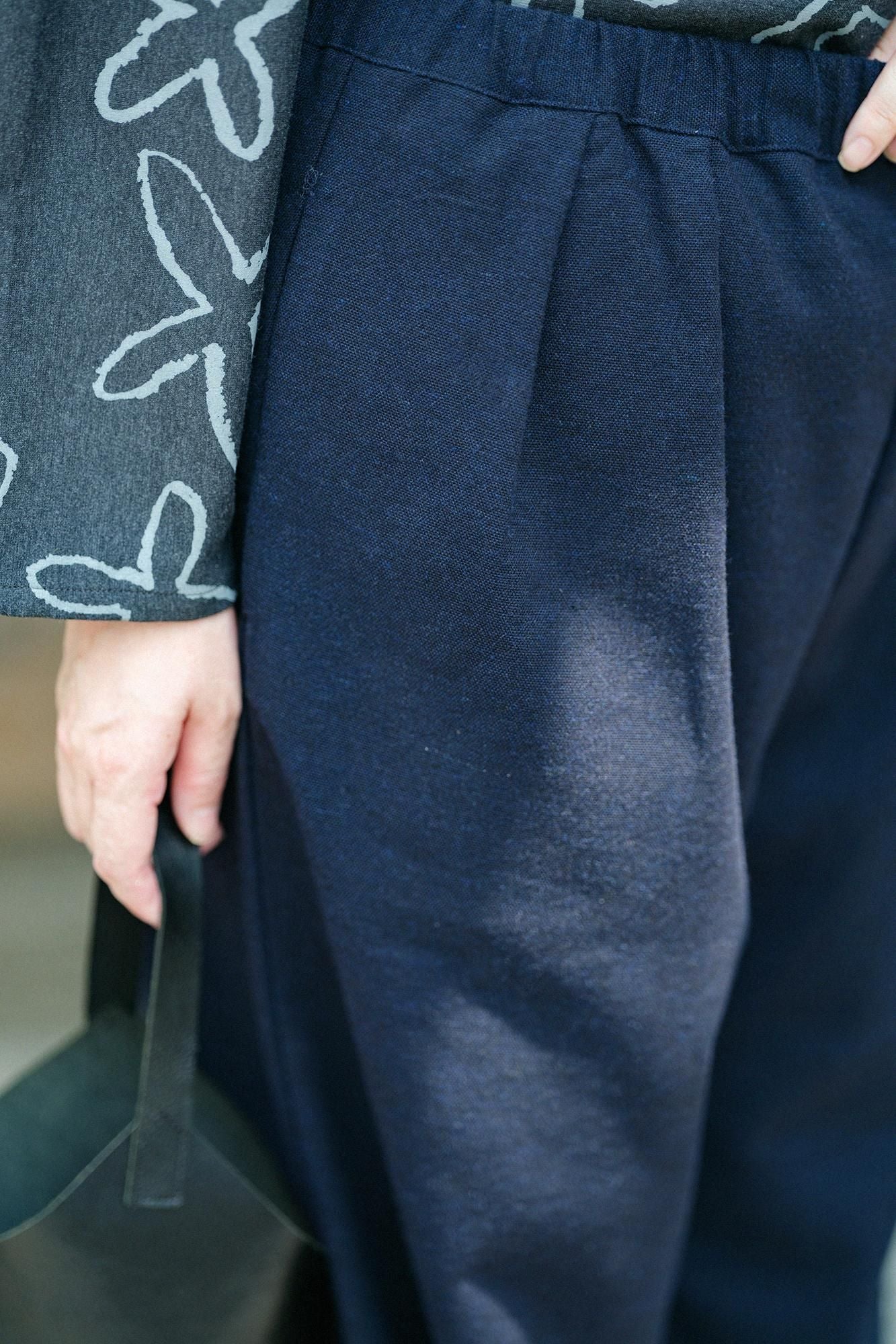 棉毛混紡二褶闊腿褲/深藍色