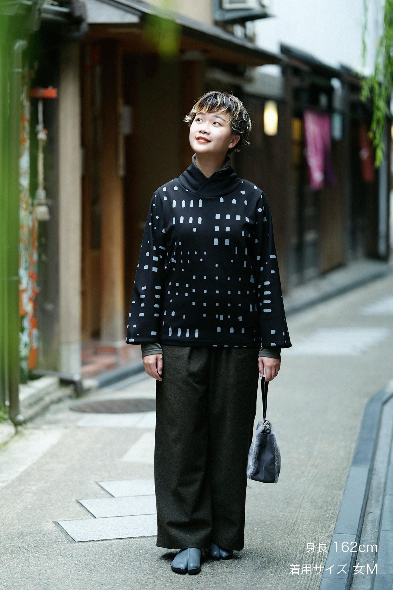 棉毛混紡二褶闊腿褲/綠褐色