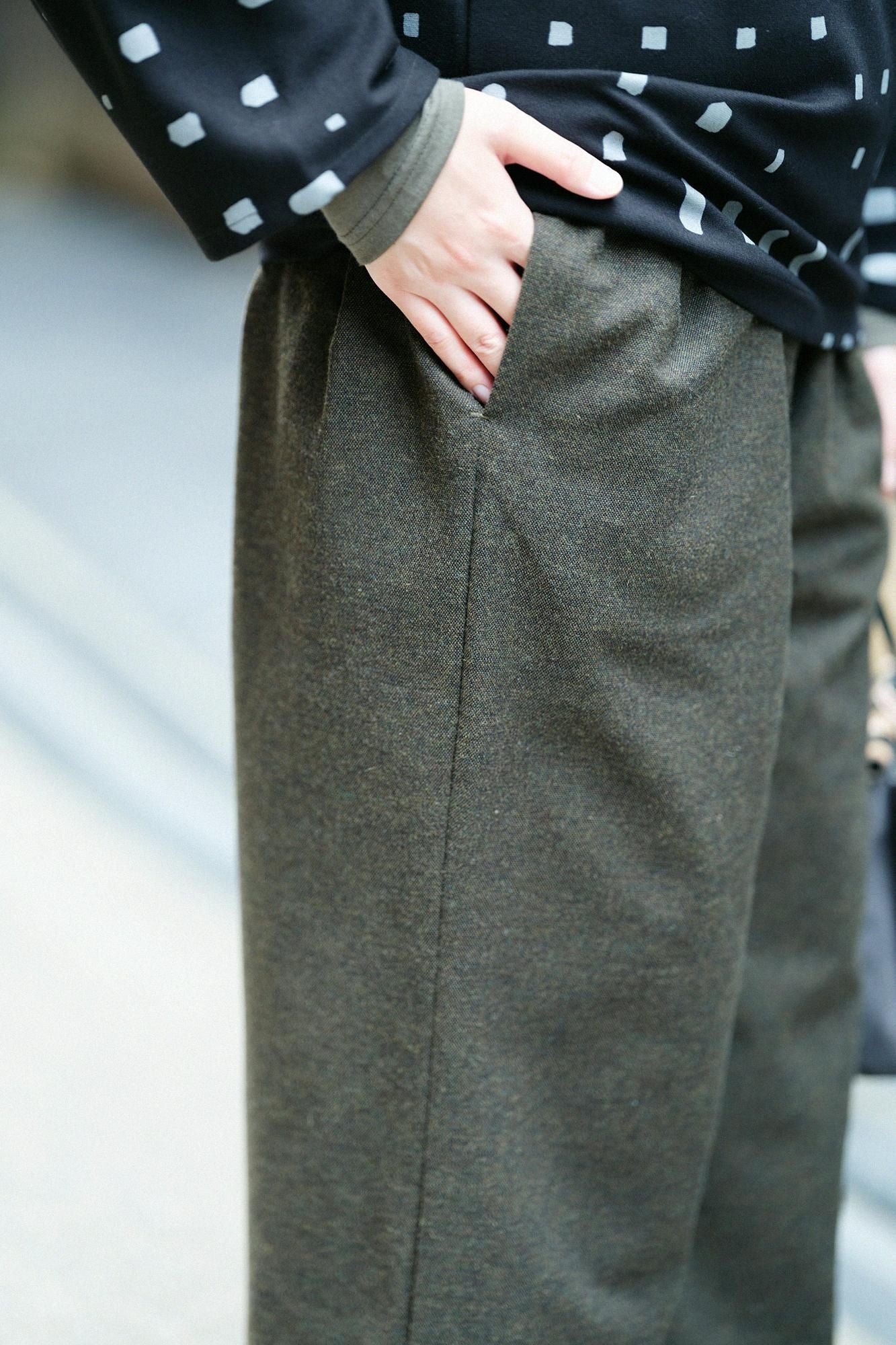 棉毛混紡二褶闊腿褲/綠褐色