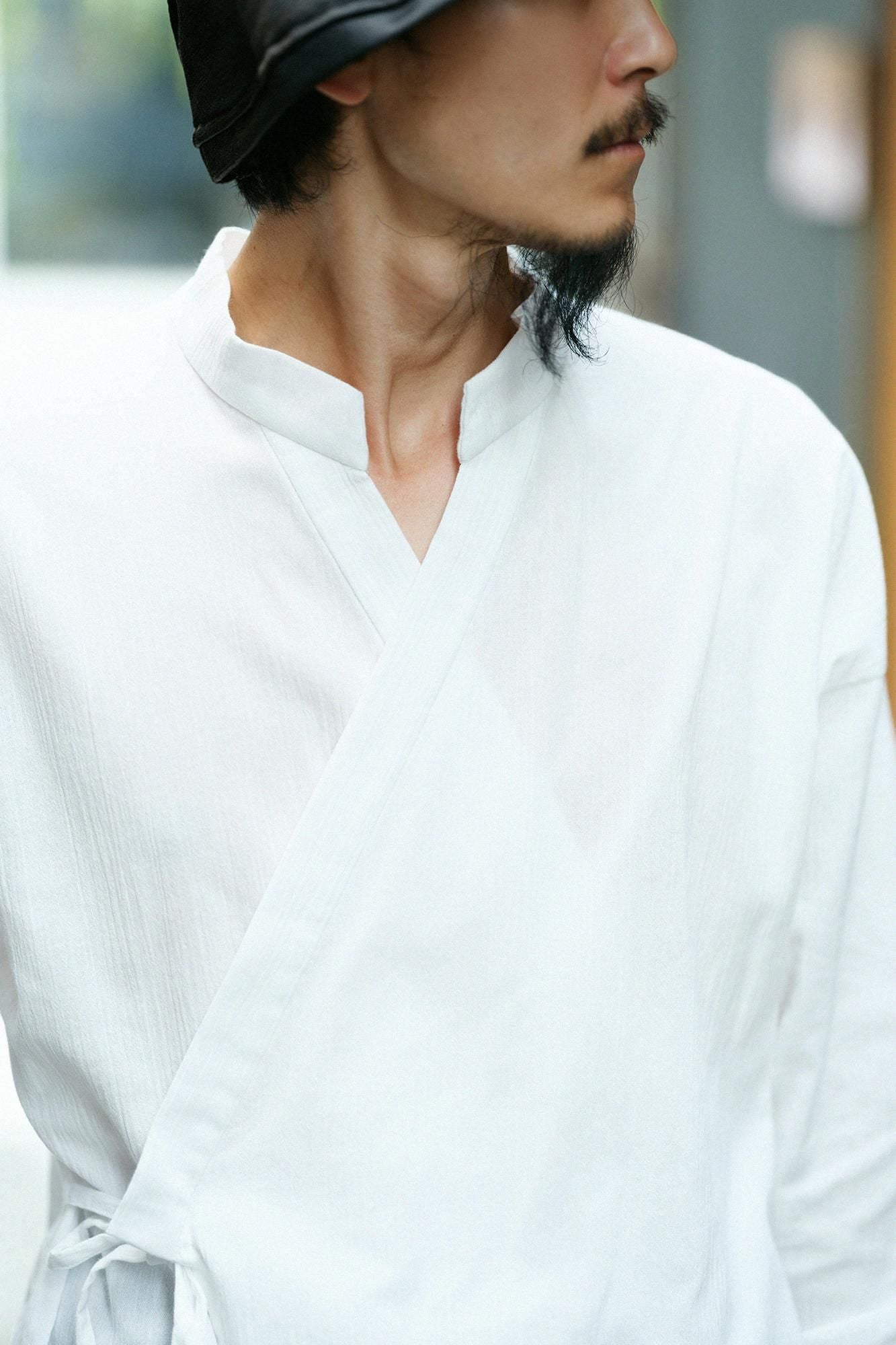 高島縮棉 20/20筒袖作務襯衫／白色