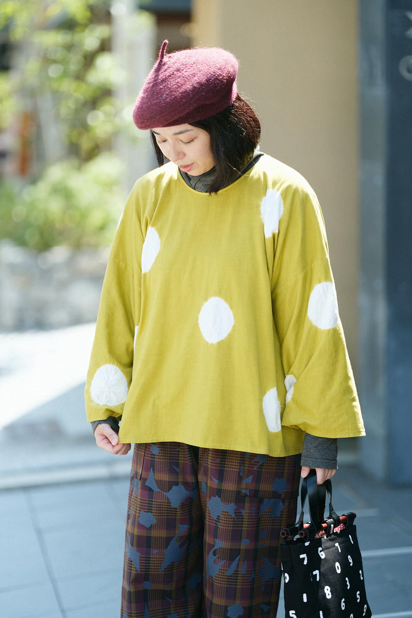 TabataTie-dye Naginata Square Top(Tashika Naginataminds old time withstomach)/Large Polka Dots Mustard Color（presentswhite）×tsuminds old time withtoo