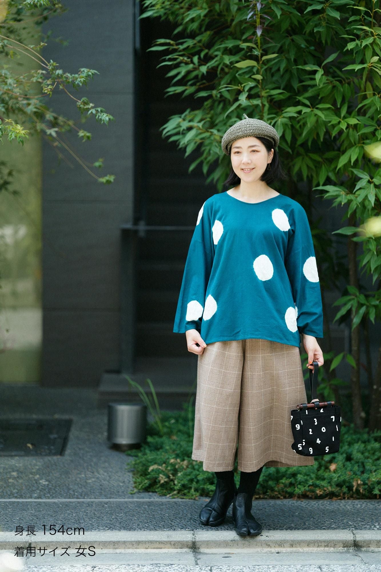 田端紮染 圓弧袖 方形上衣/大圓點 常磐綠×白色