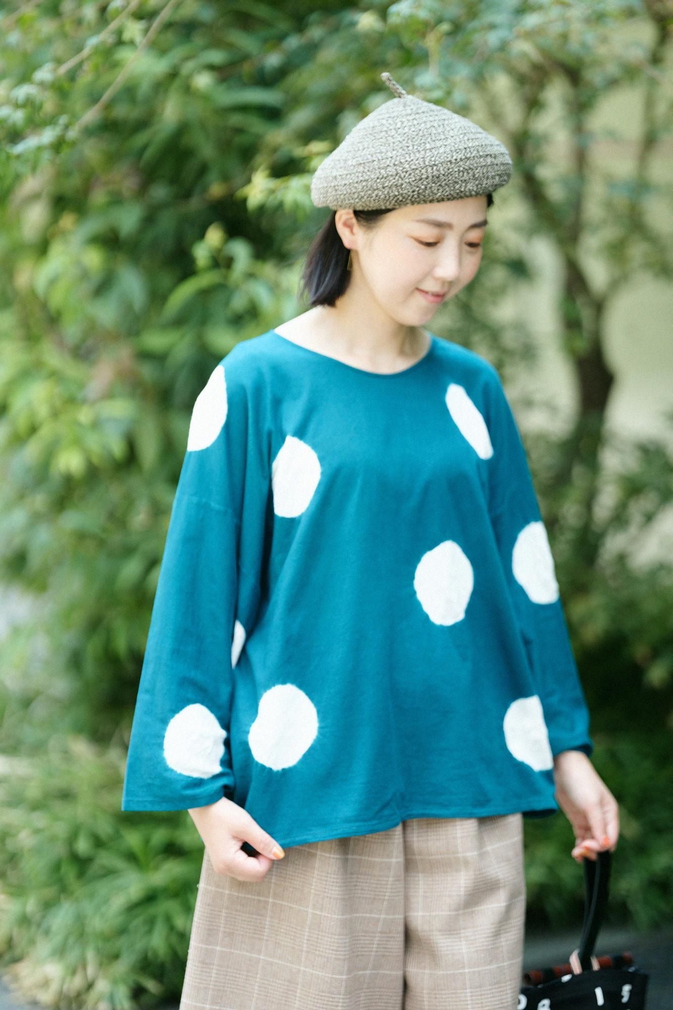 田端紮染 圓弧袖 方形上衣/大圓點 常磐綠×白色