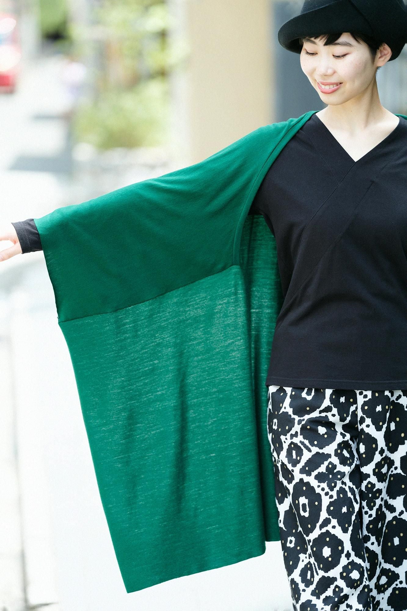 平針織 可洗羊毛飛鼠袖外披/千歲綠色