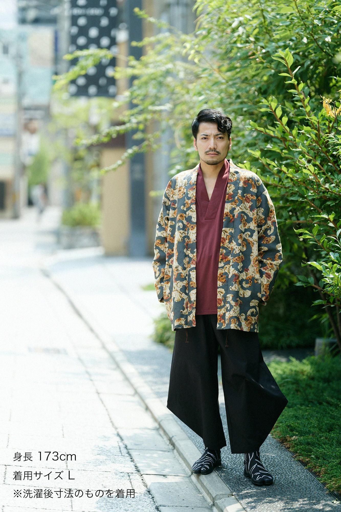 Corduroy Hanten Long-sleeved Jacket with Lining / Chinese Flower and Raging Billows