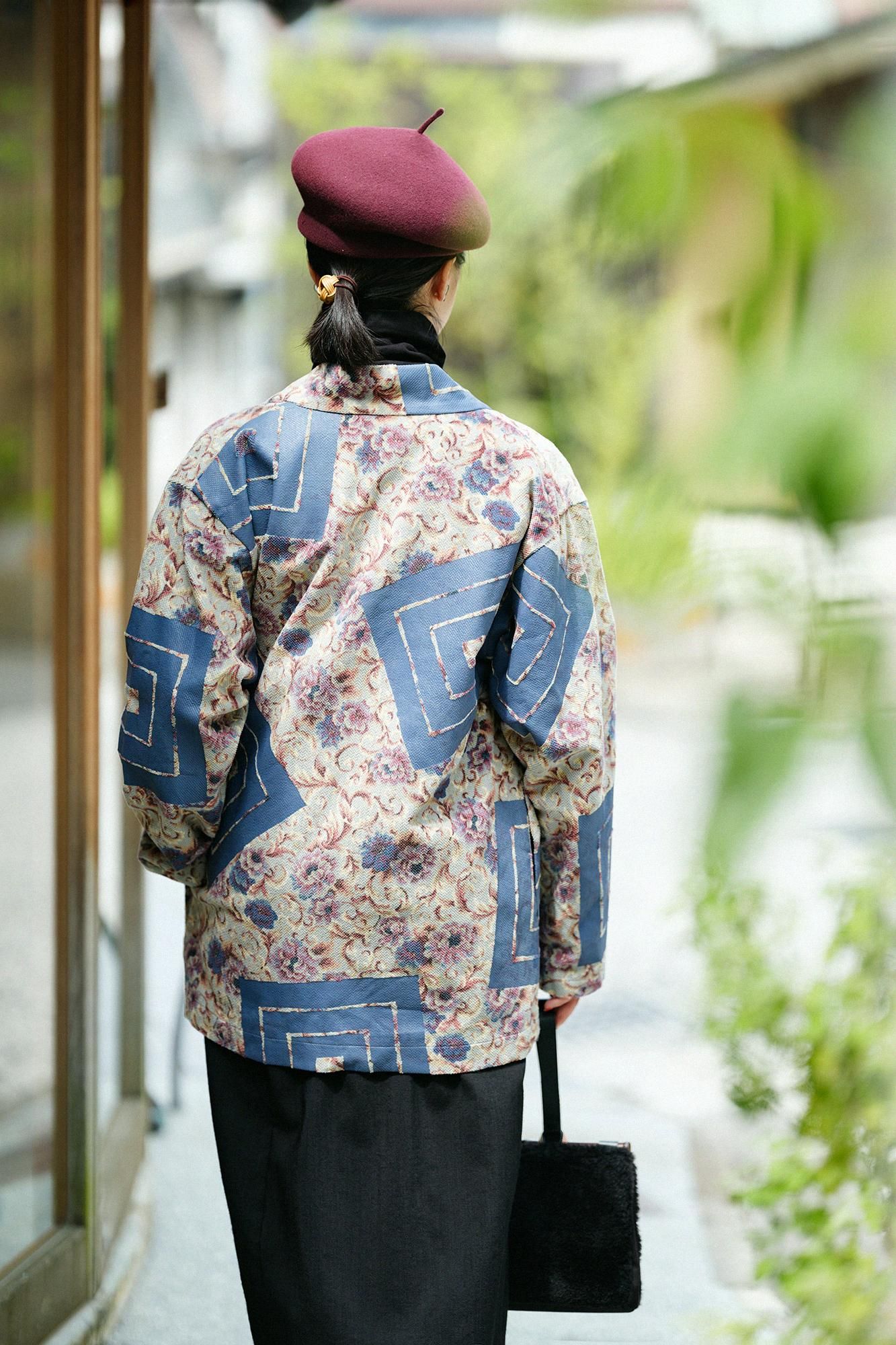 Corduroy Hanten Long-sleeved Jacket with Lining / Chinese Flower with Yamaohako