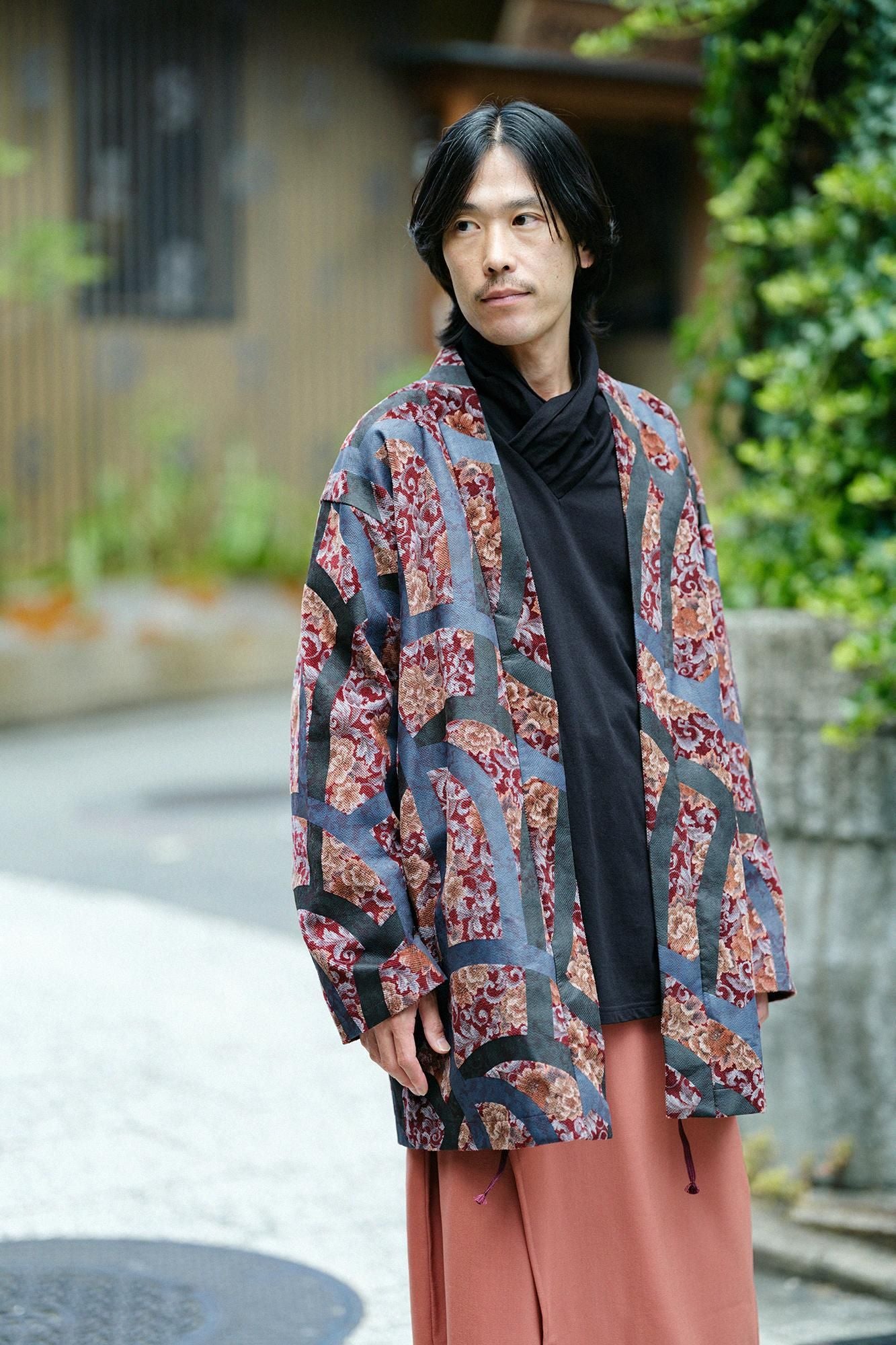 Corduroy Hanten Long-sleeved Jacket with Lining / Chinese Flower Waterfall