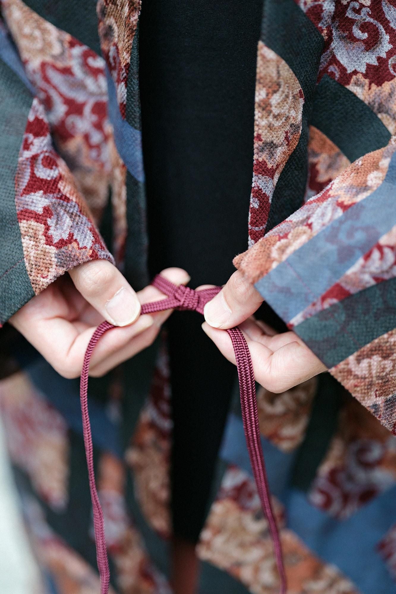 Corduroy Hanten Long-sleeved Jacket with Lining / Chinese Flower Waterfall