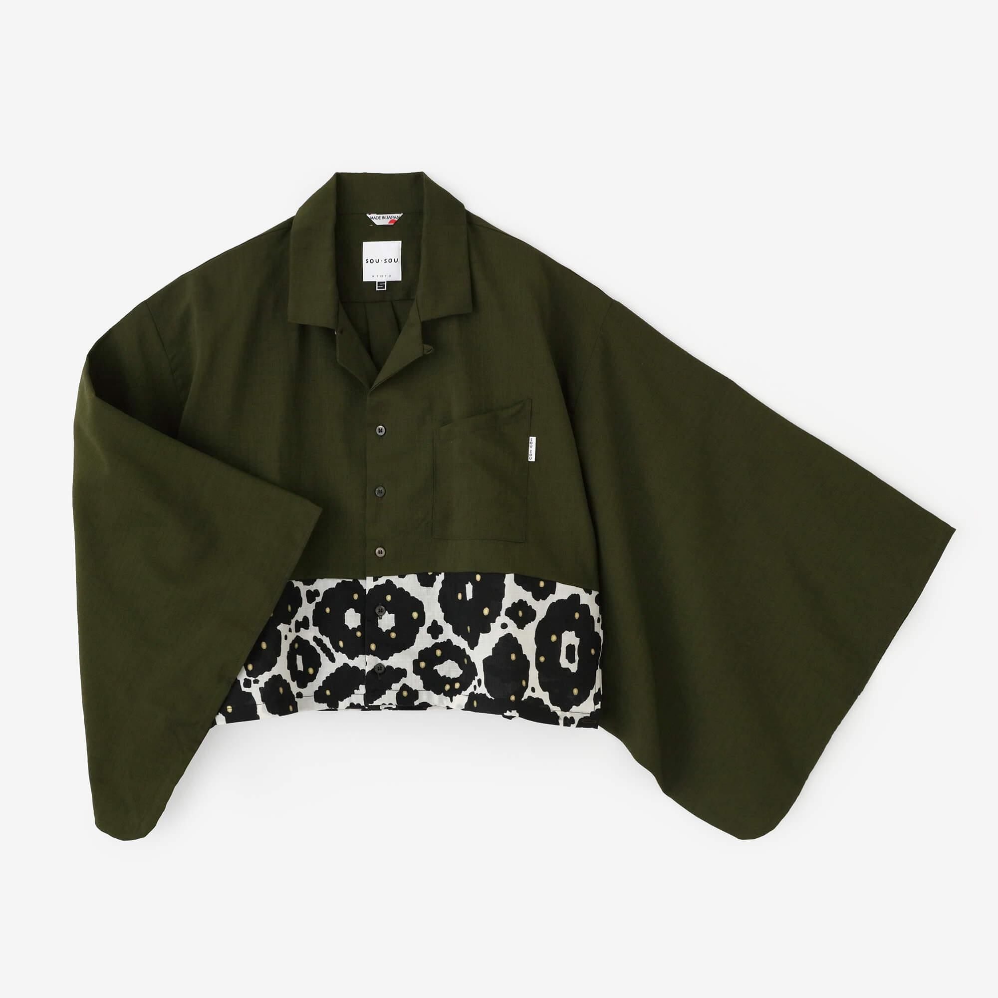 モスリン 開襟帯草衣（かいきんおびそうい）／常磐色（ときわいろ）×花装飾（はなそうしょく）