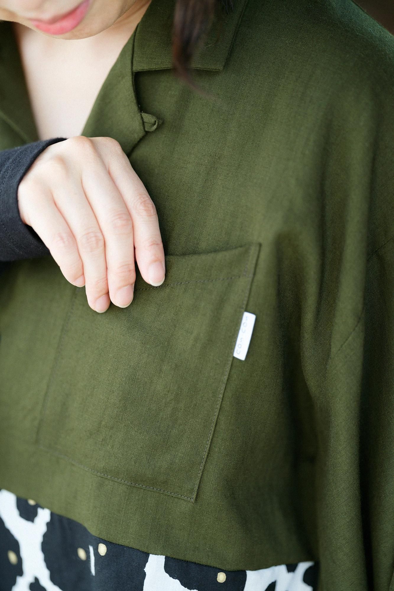 毛斯綸開襟帶和服袖襯衫/綠色×花裝飾