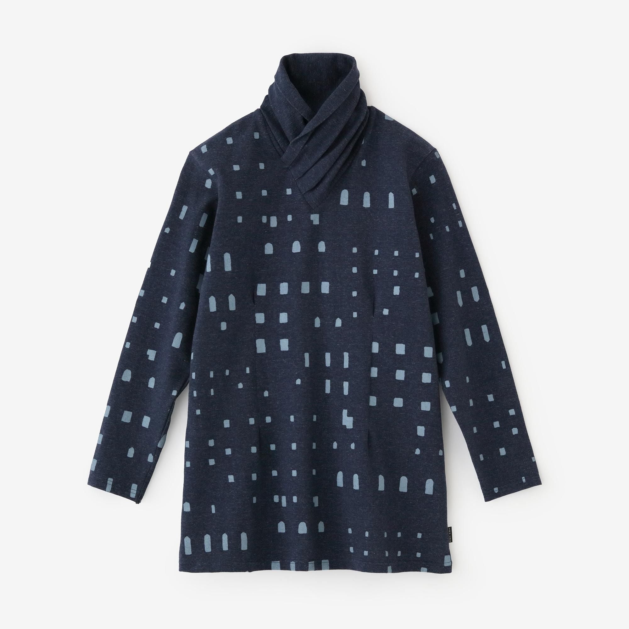 交叉針織平針織，高領上衣 長版 修身/窗深藍色