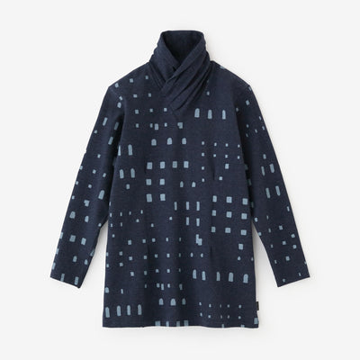 交叉針織平針織，高領上衣 長版 修身/窗深藍色