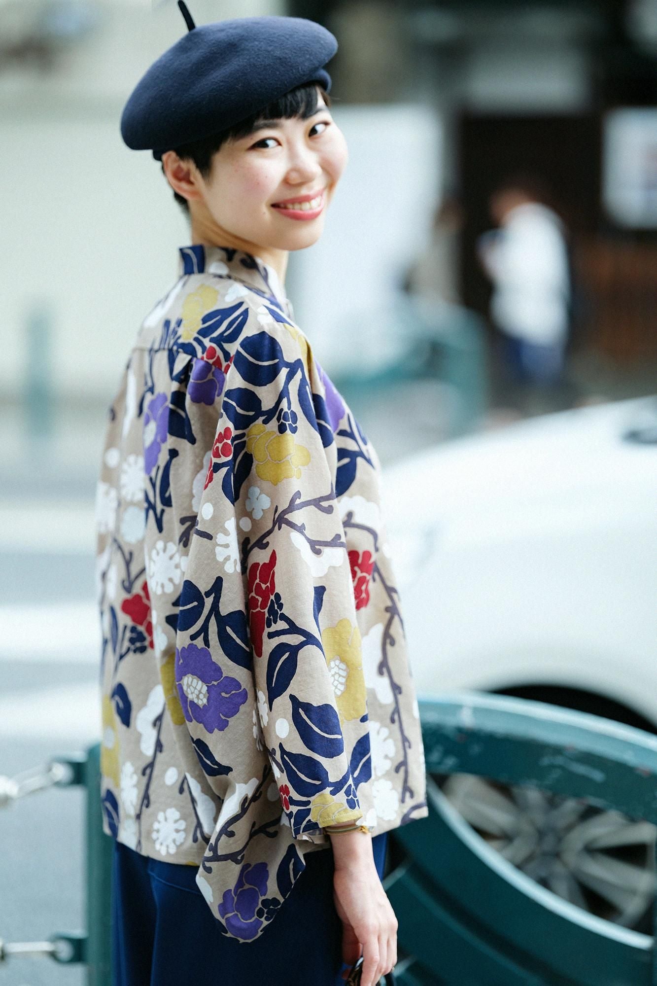 毛斯綸和服袖 襯衫/雪柳與椿