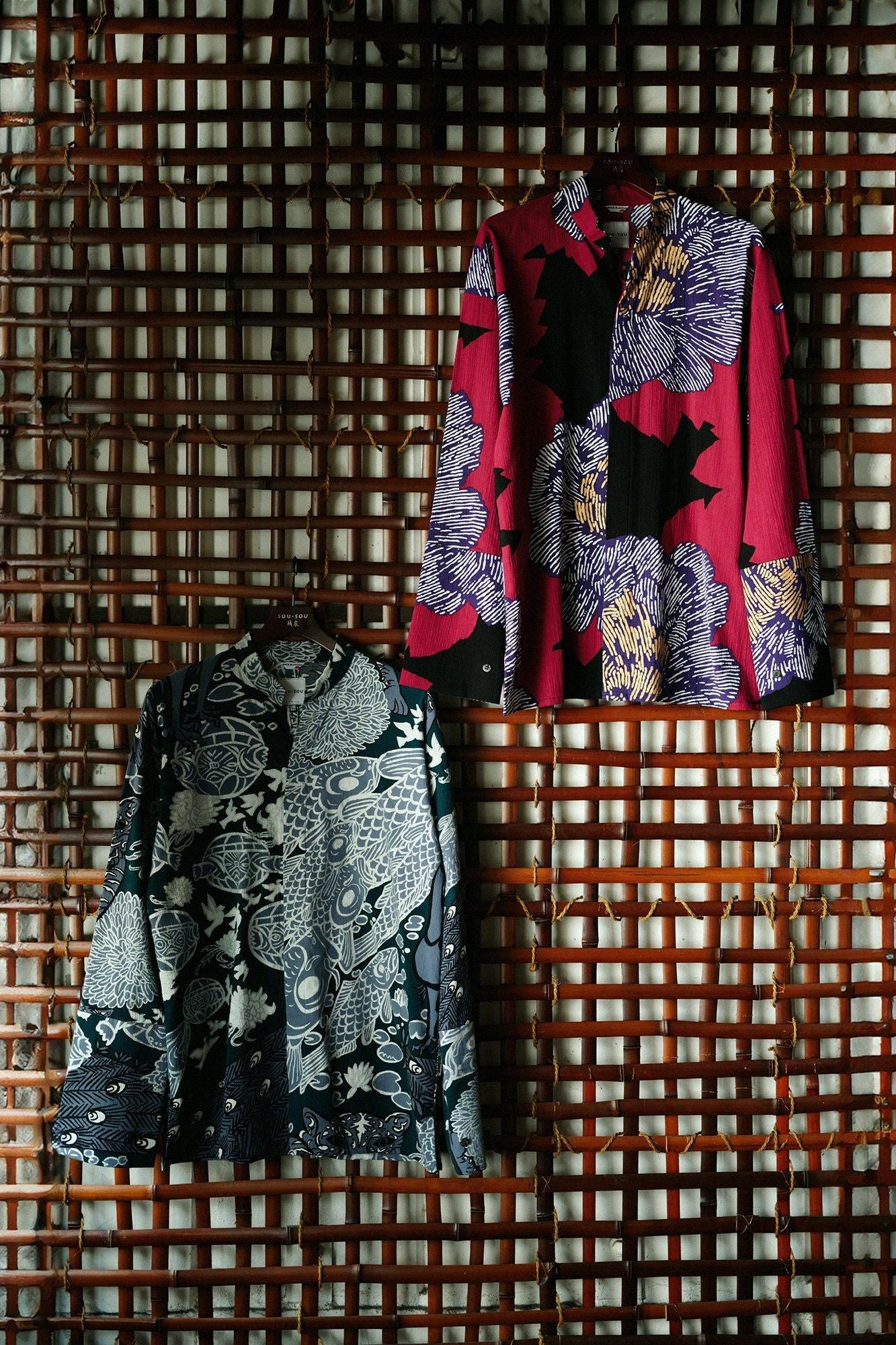 高島縮棉 20/20立領筒形袖襯衫/芍薬 燈火