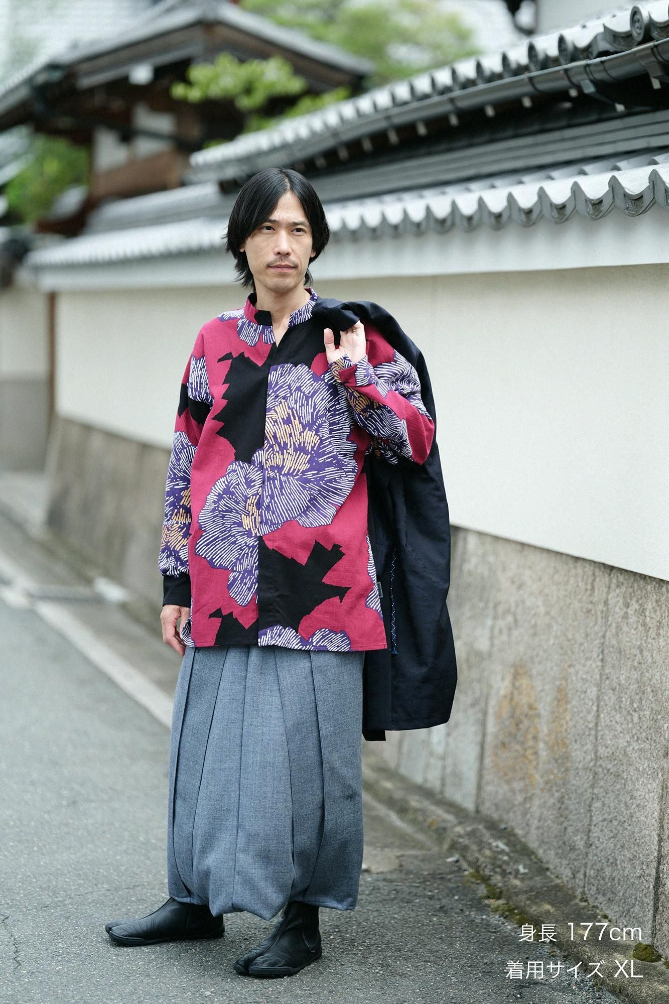 高島縮棉 20/20立領筒形袖襯衫/芍薬 燈火