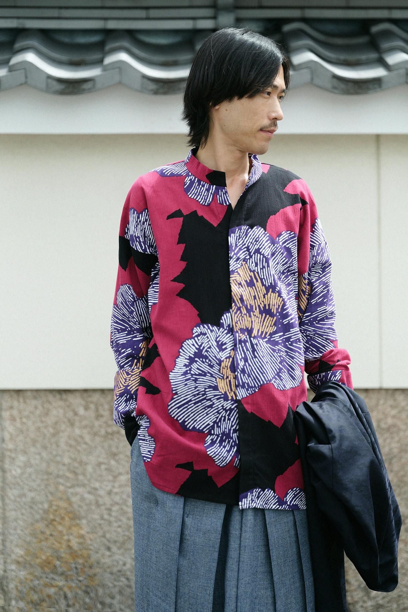 高島縮棉 20/20立領筒形袖襯衫/芍薬 燈火