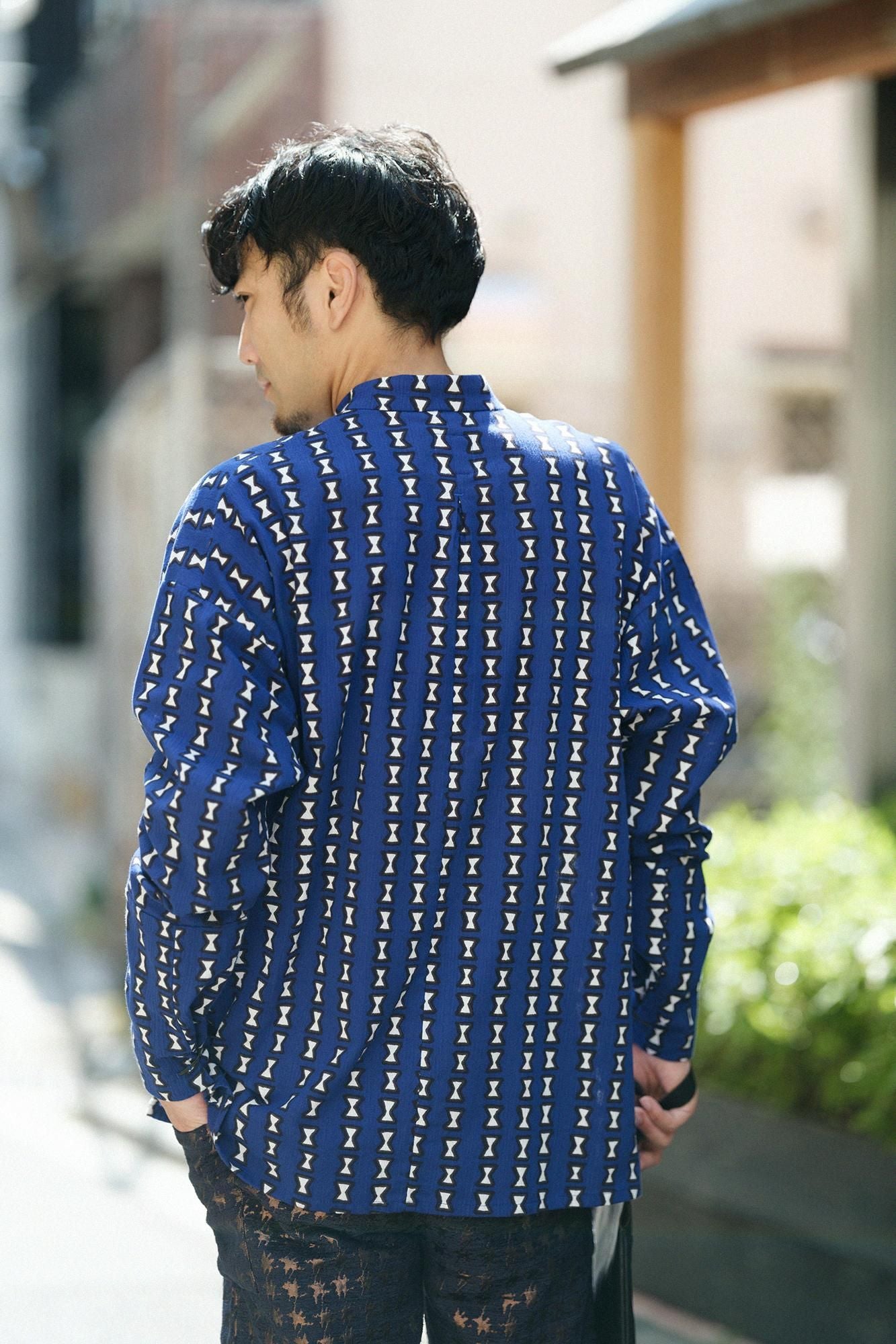 Chizimi Cotton 20/20 Band Collar Tight-sleeved Kimono Shirt / Chikiri