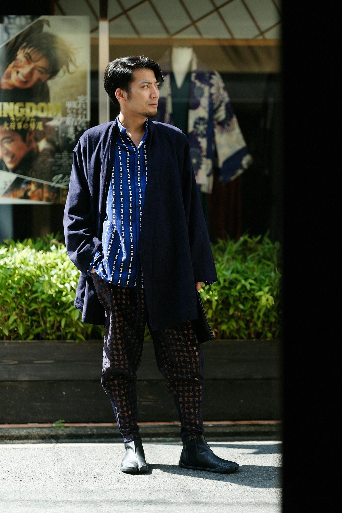 Chizimi Cotton 20/20 Band Collar Tight-sleeved Kimono Shirt / Chikiri