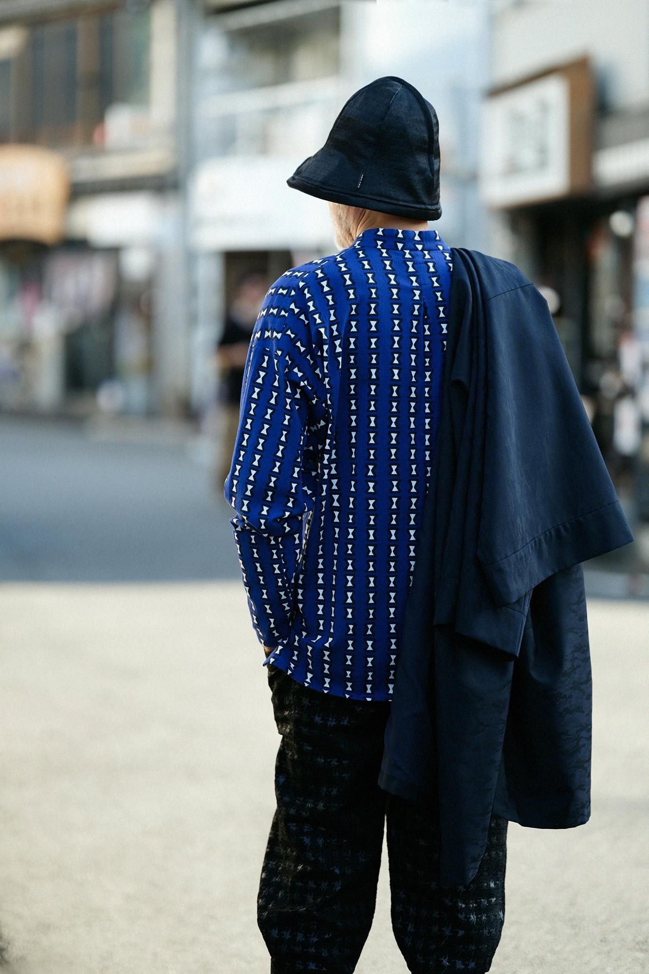 Chizimi Cotton 20/20 Band Collar Tight-sleeved Kimono Shirt / Chikiri