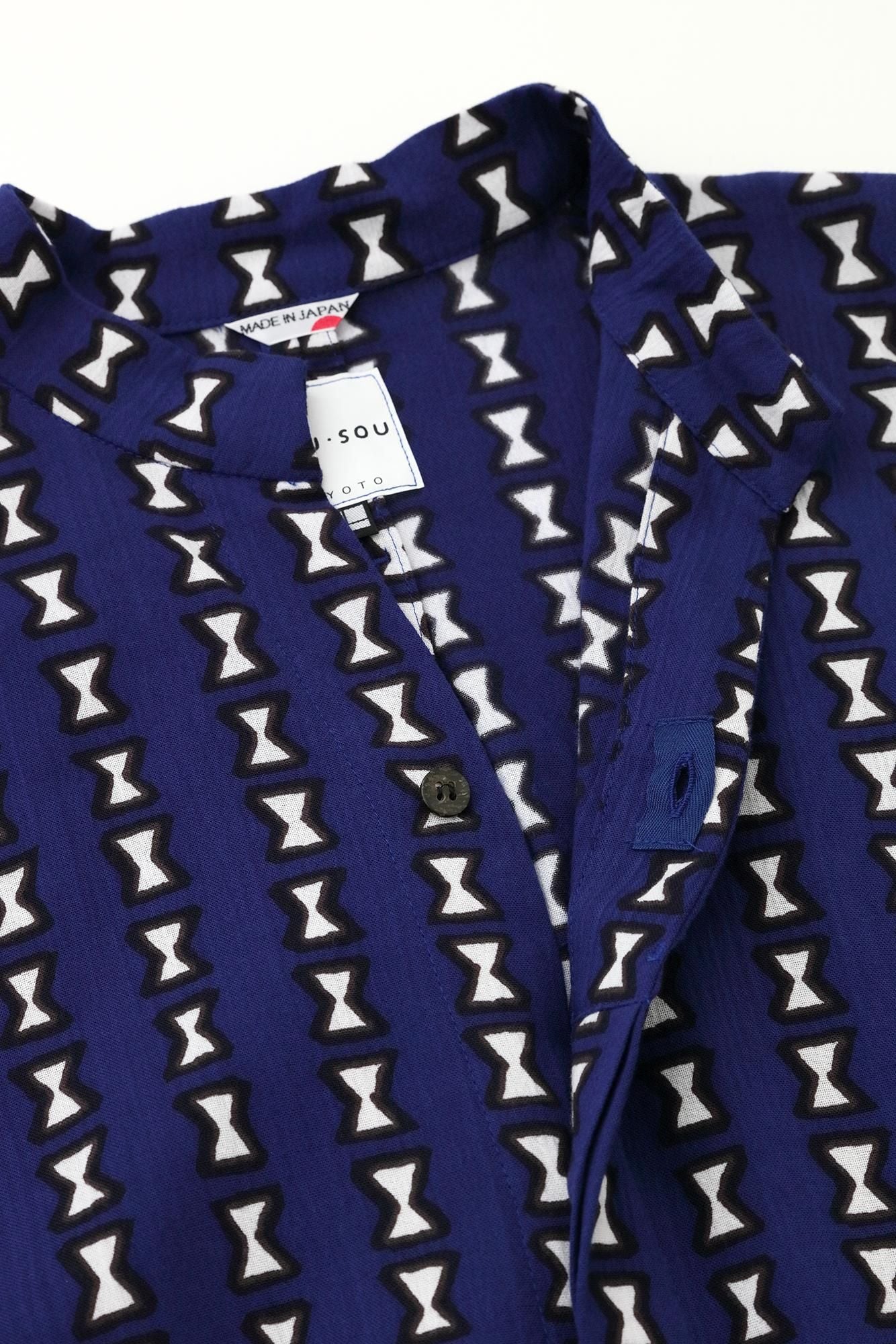 Chizimi Cotton 20/20 Band Collar Tight-sleeved Kimono Shirt / Chikiri