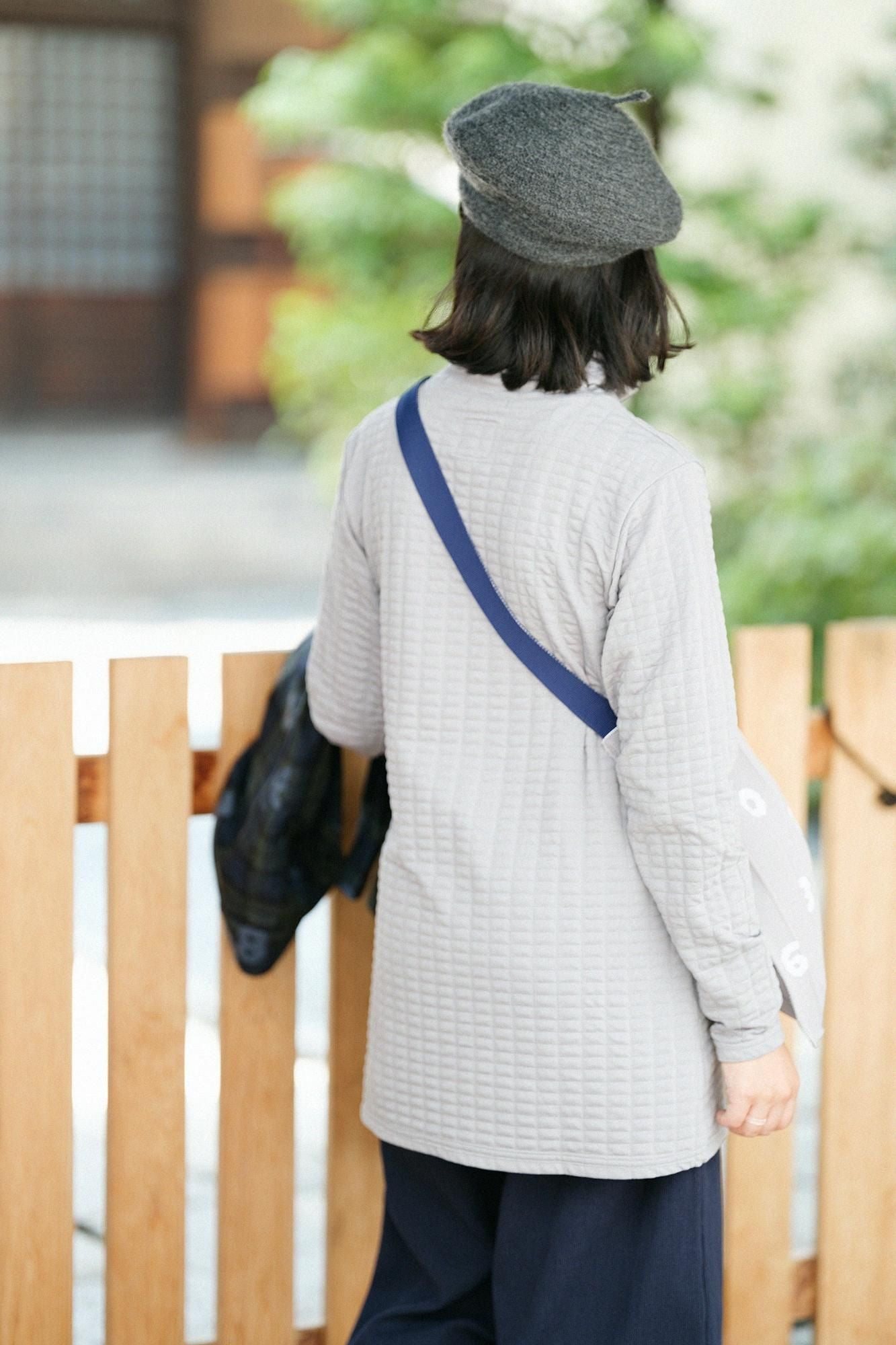 絎縫針織造型高領上衣L/S長版上衣/灰色