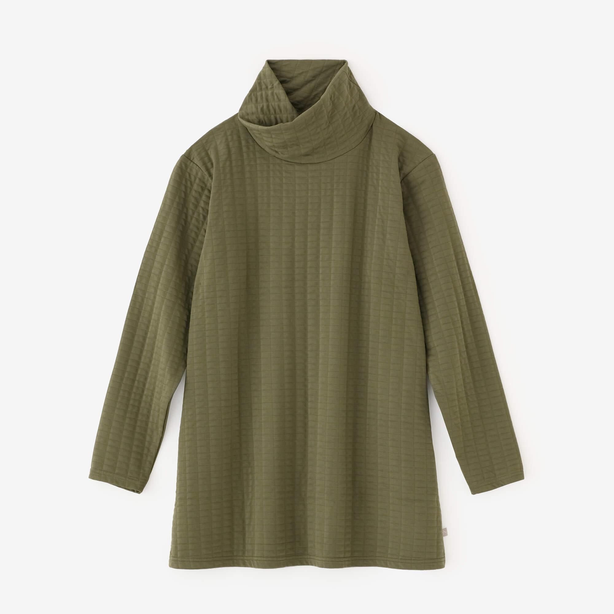 絎縫針織造型高領上衣海龜 L/S長版上衣/草綠色