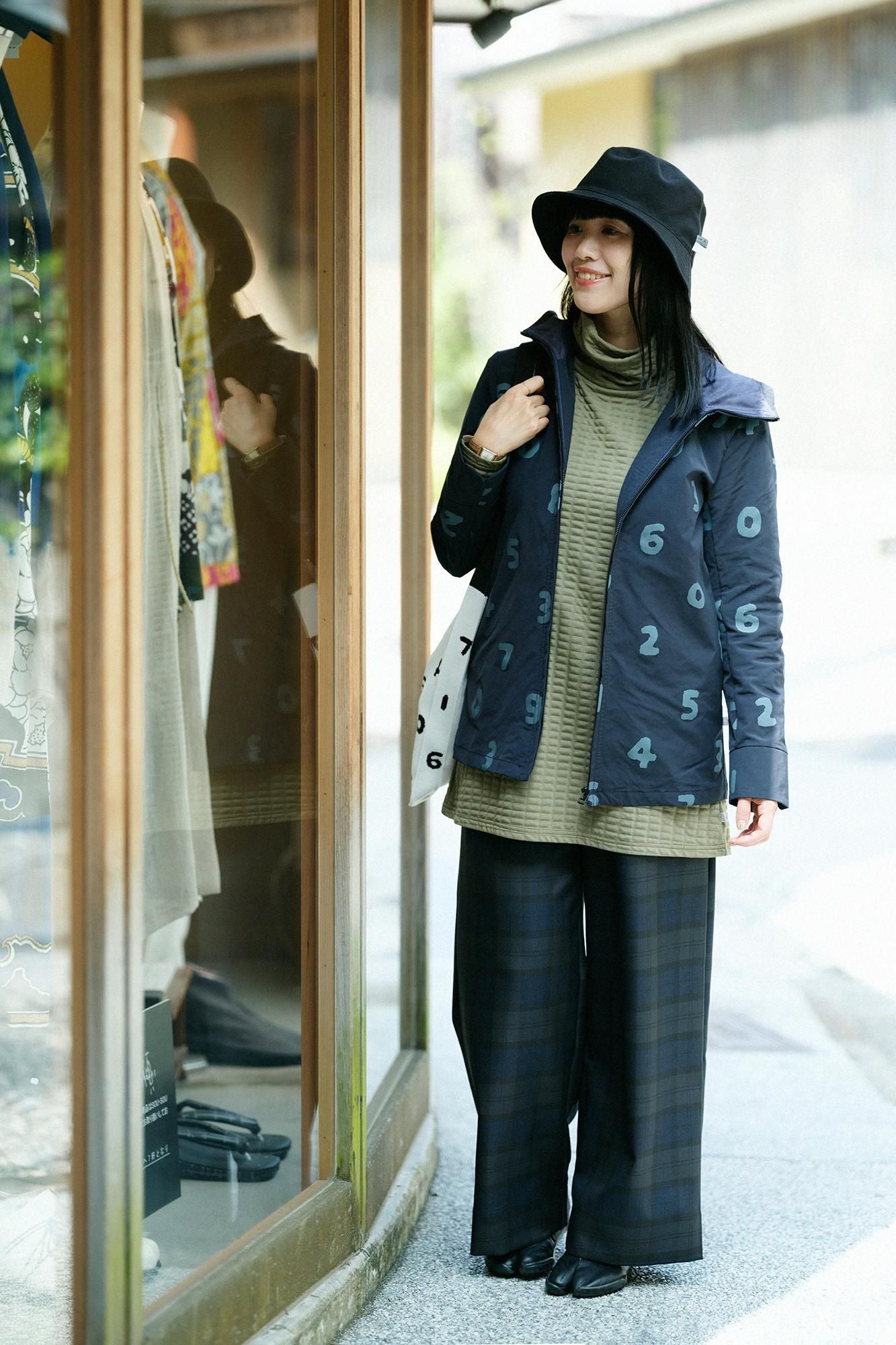 絎縫針織造型高領上衣海龜 L/S長版上衣/草綠色