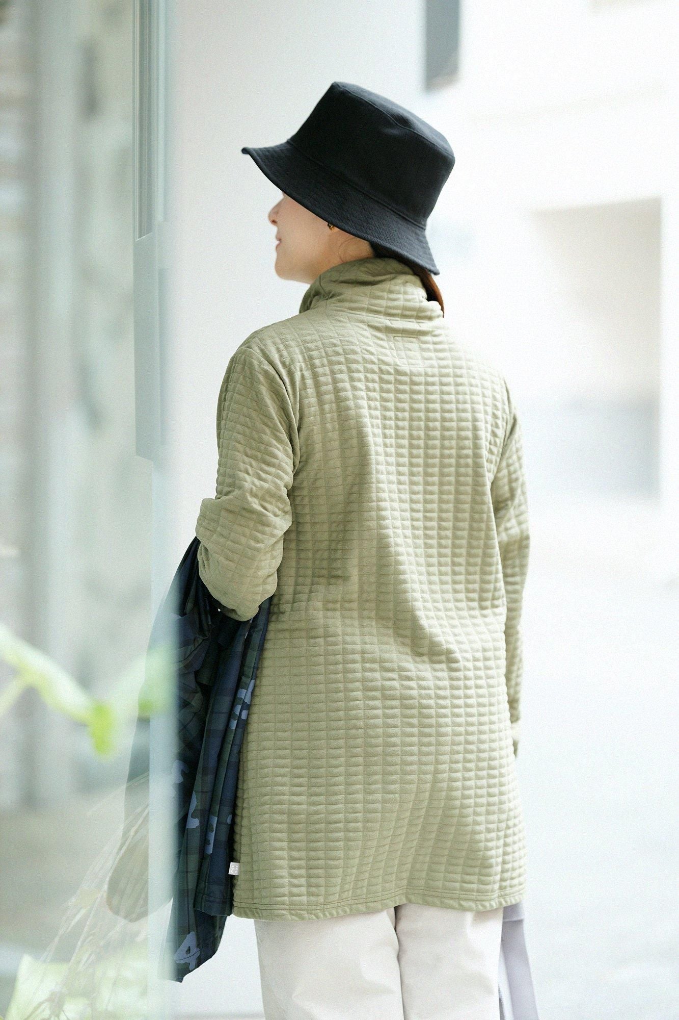 絎縫針織造型高領上衣海龜 L/S長版上衣/草綠色