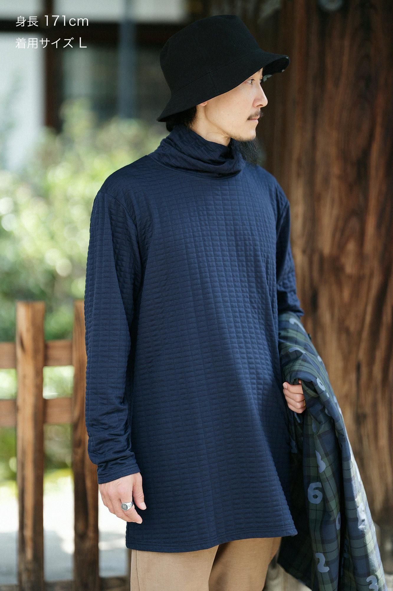 絎縫針織造型高領上衣L/S長版上衣/深藍色