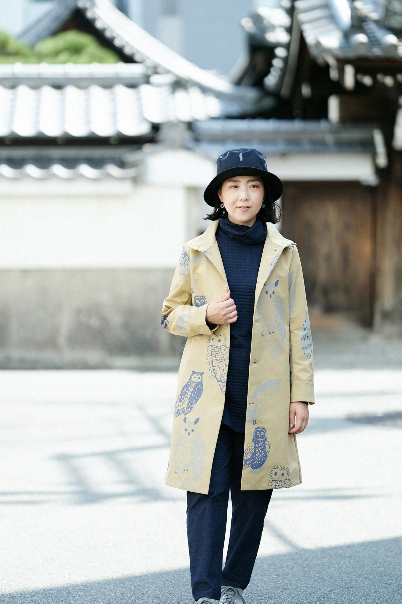 絎縫針織造型高領上衣L/S長版上衣/深藍色