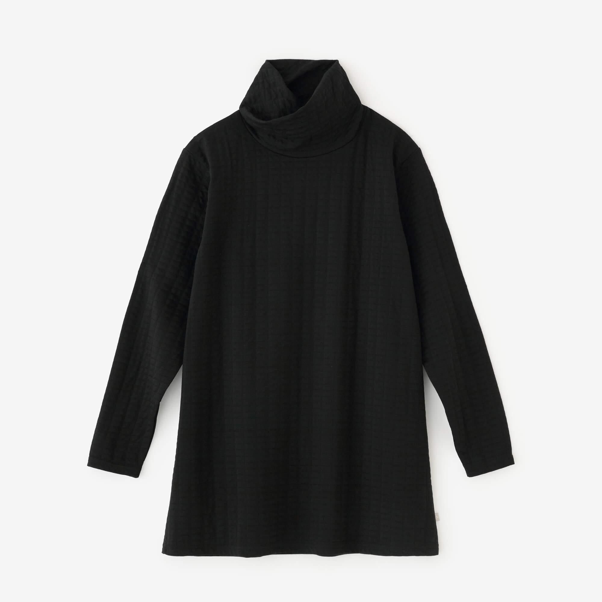 絎縫針織造型高領上衣L/S長版上衣/黑色