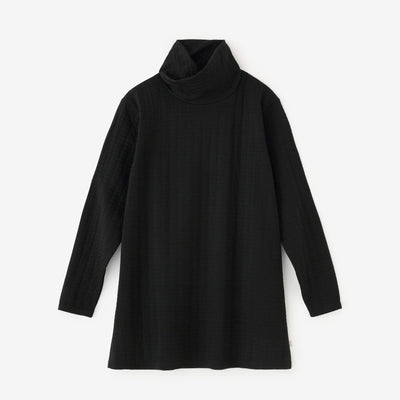 絎縫針織造型高領上衣L/S長版上衣/黑色