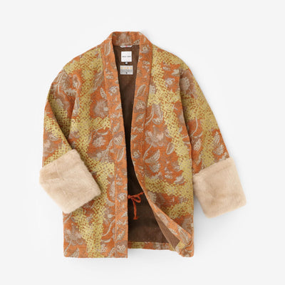 Gobelin x Faux Fur Bi-color Sleeve Hanten Long-sleeved Jacket Tied-up with Lining