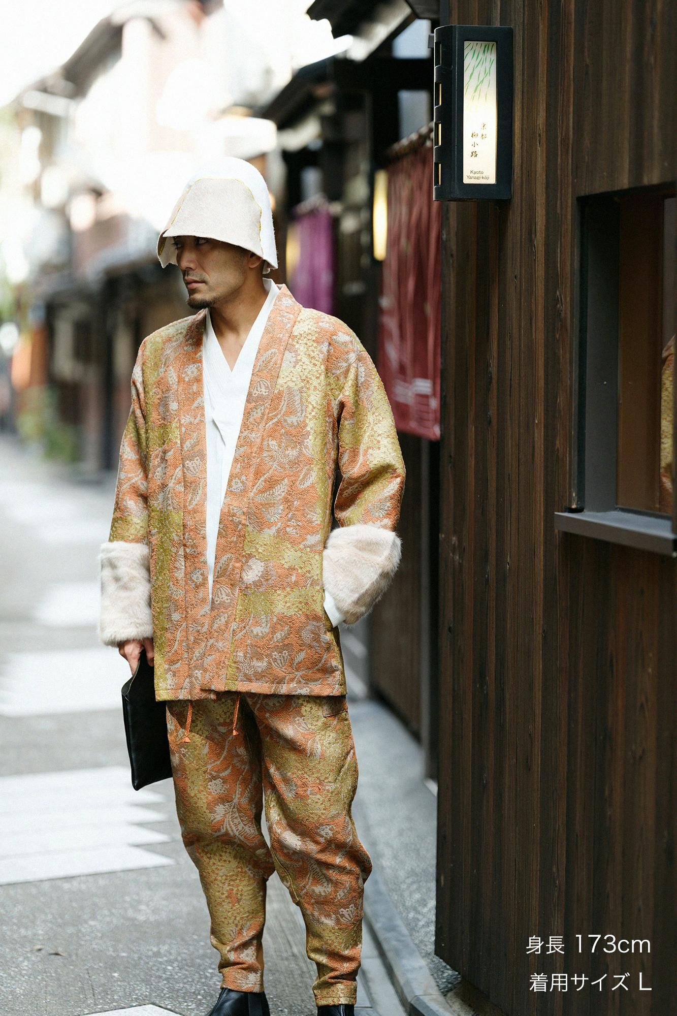 Gobelin x Faux Fur Bi-color Sleeve Hanten Long-sleeved Jacket Tied-up with Lining