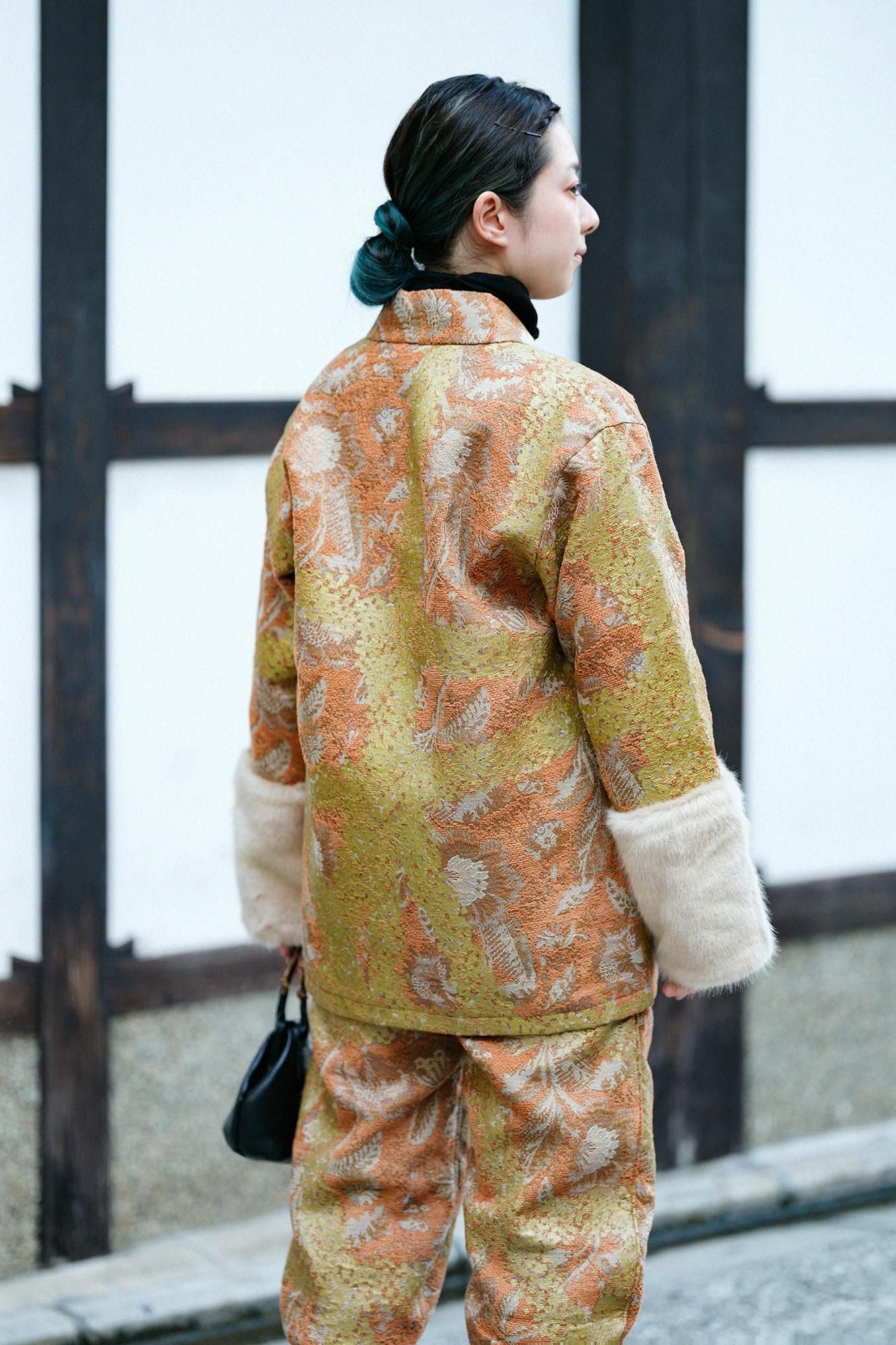 Gobelin x Faux Fur Bi-color Sleeve Hanten Long-sleeved Jacket Tied-up with Lining
