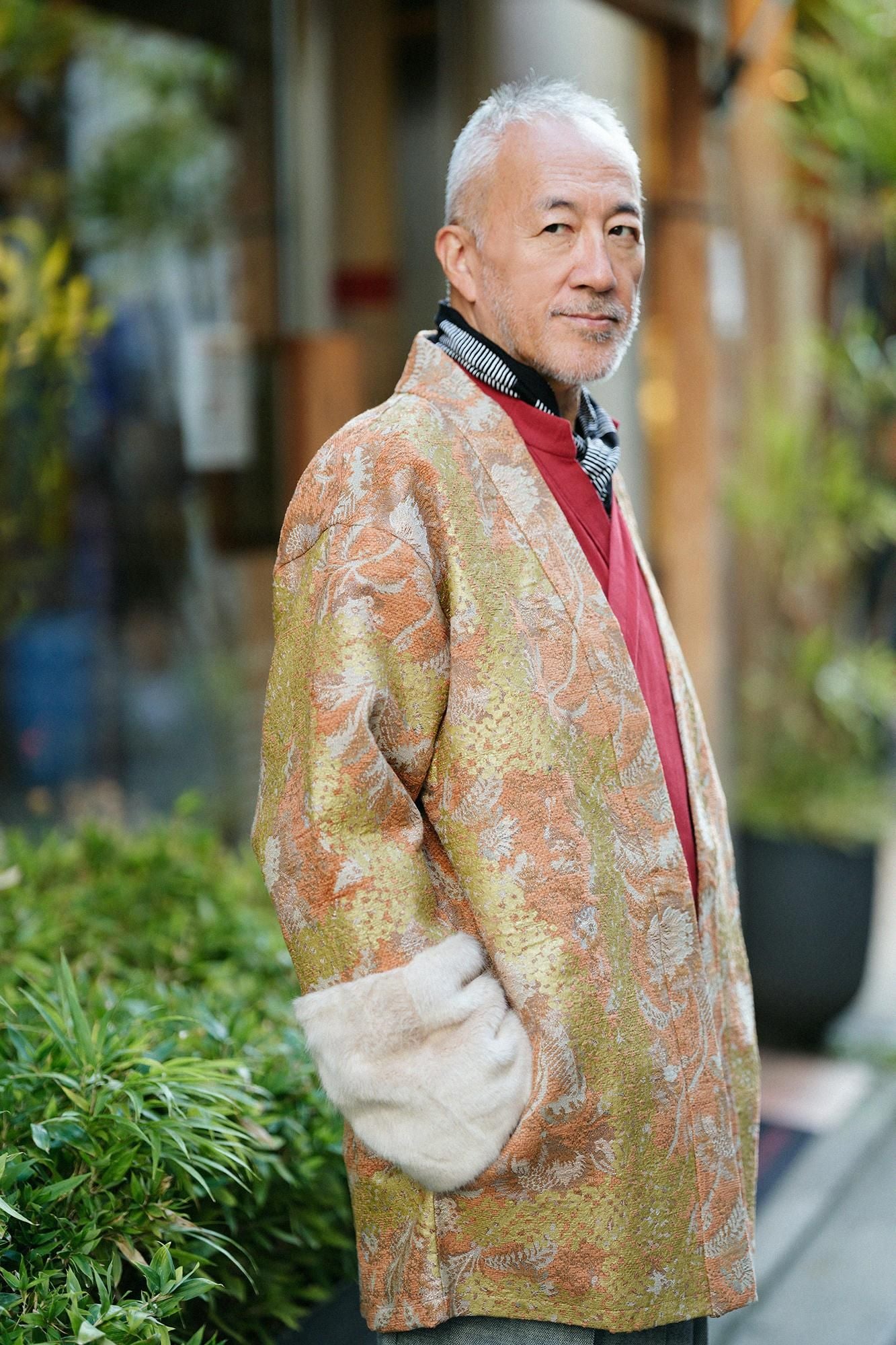 Gobelin x Faux Fur Bi-color Sleeve Hanten Long-sleeved Jacket Tied-up with Lining