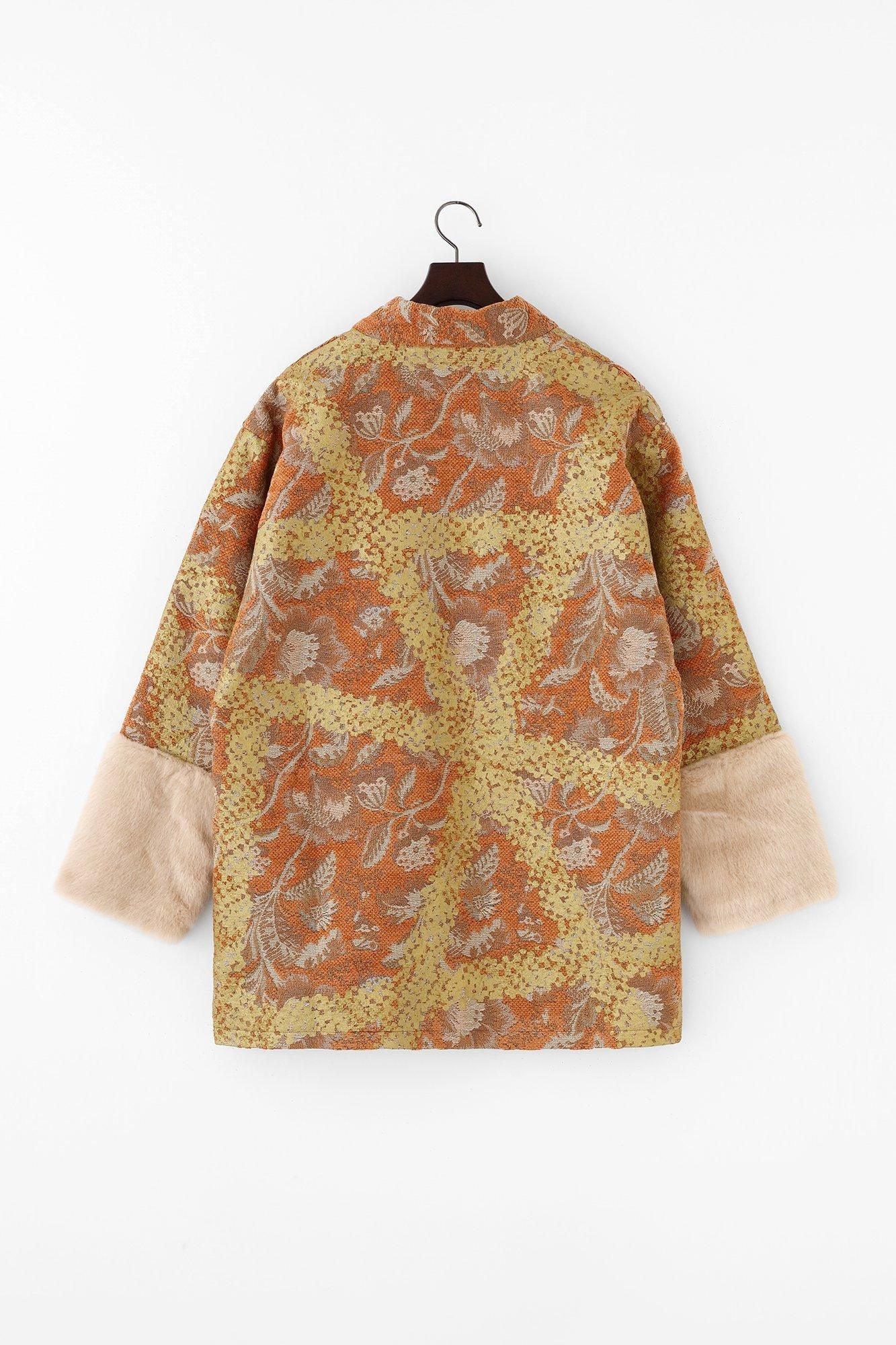 Gobelin x Faux Fur Bi-color Sleeve Hanten Long-sleeved Jacket Tied-up with Lining