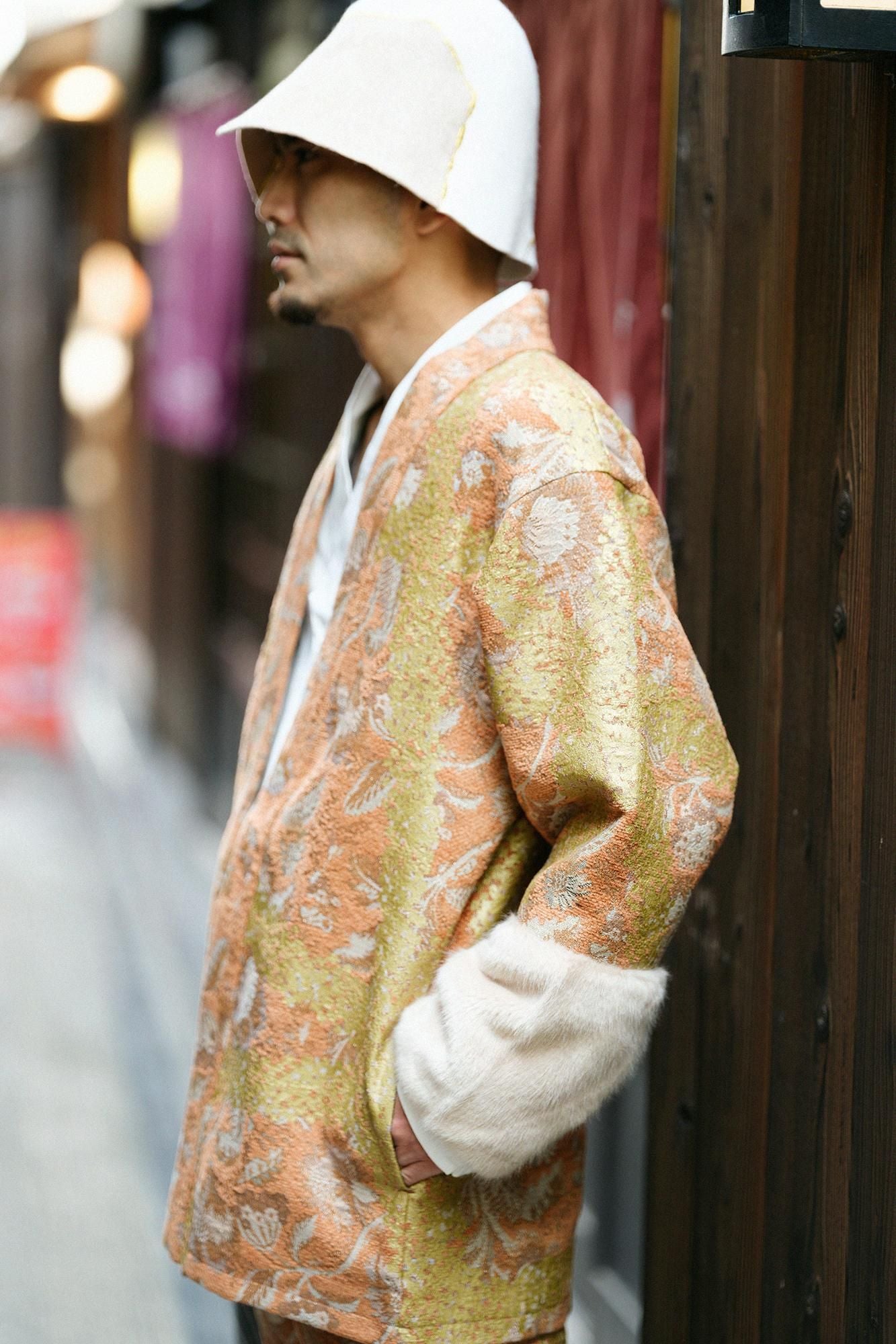 Gobelin x Faux Fur Bi-color Sleeve Hanten Long-sleeved Jacket Tied-up with Lining