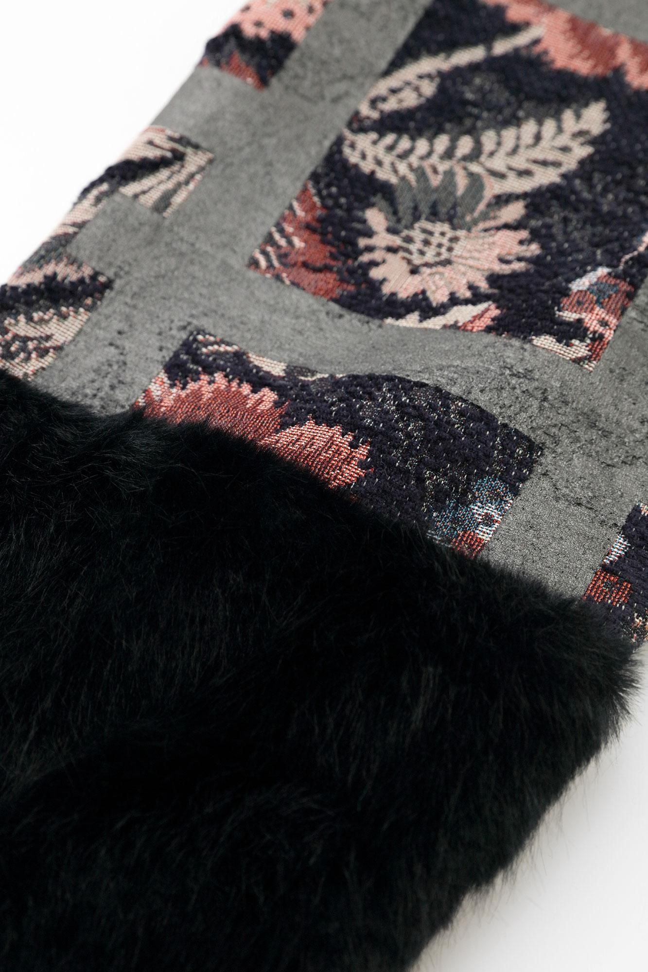 Gobelin×Faux Fur Bi-color Sleeve Tight Sleeve Hanten Jacket with Lining  / Fence