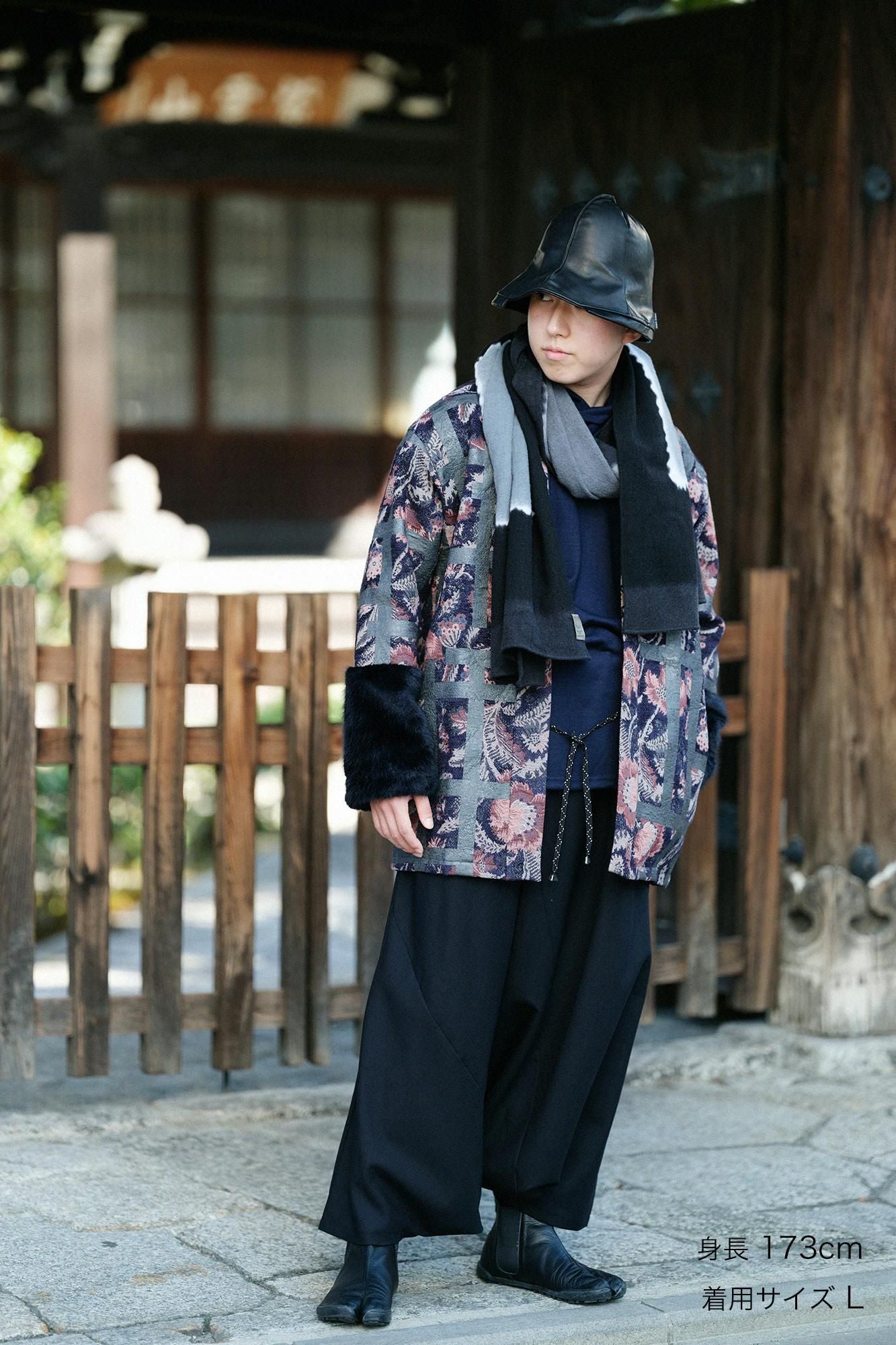 Gobelin×Faux Fur Bi-color Sleeve Tight Sleeve Hanten Jacket with Lining  / Fence