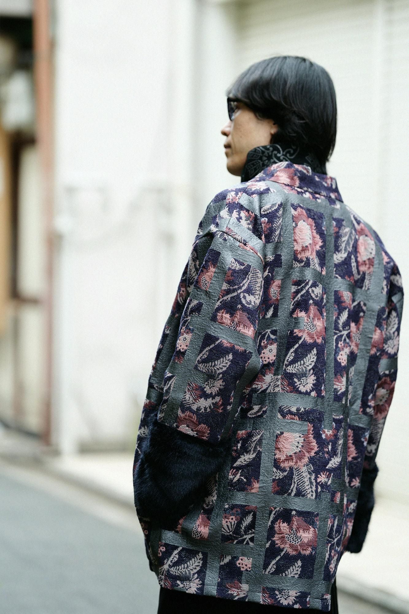 Gobelin×Faux Fur Bi-color Sleeve Tight Sleeve Hanten Jacket with Lining  / Fence