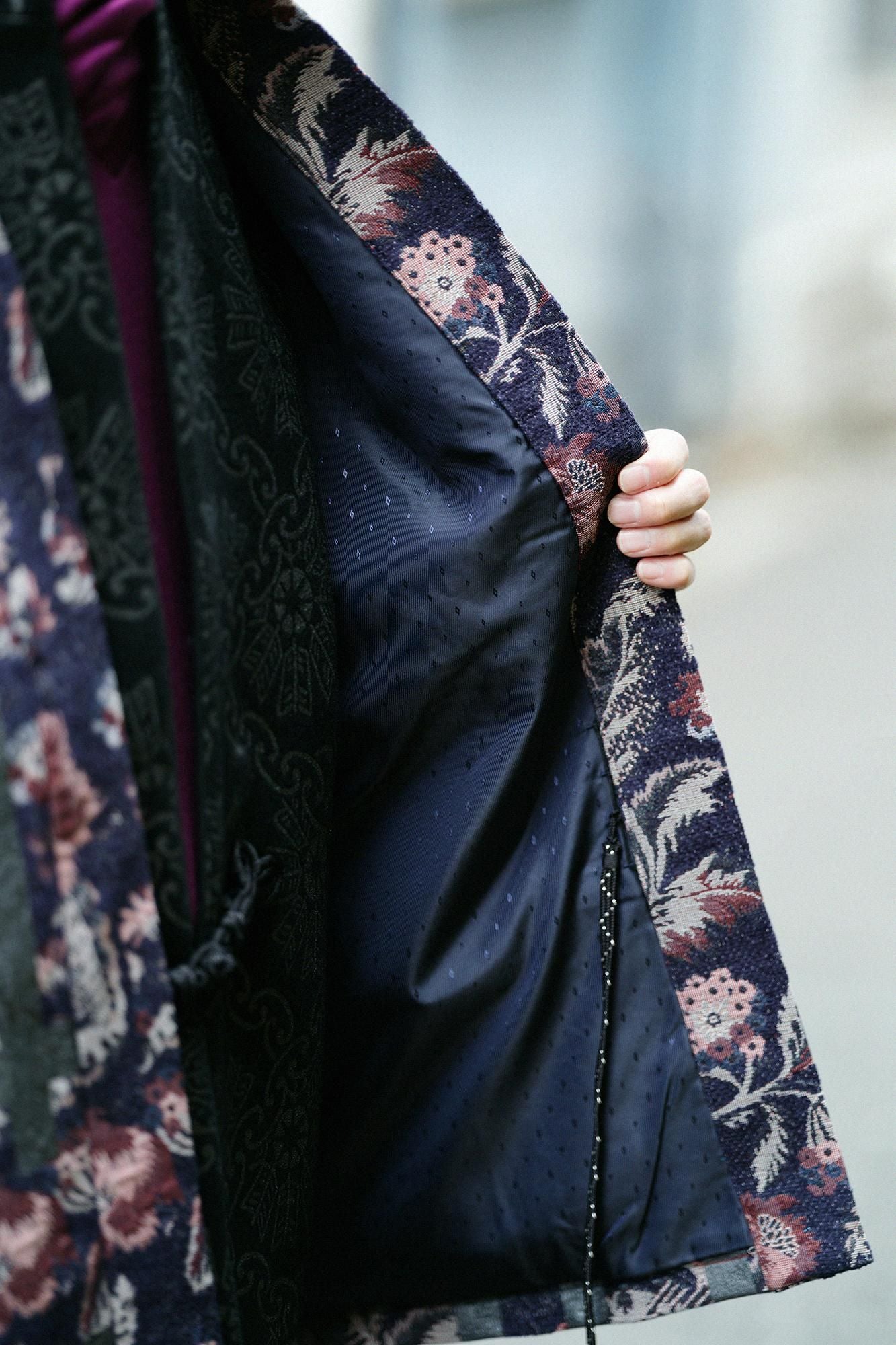 Gobelin×Faux Fur Bi-color Sleeve Tight Sleeve Hanten Jacket with Lining  / Fence