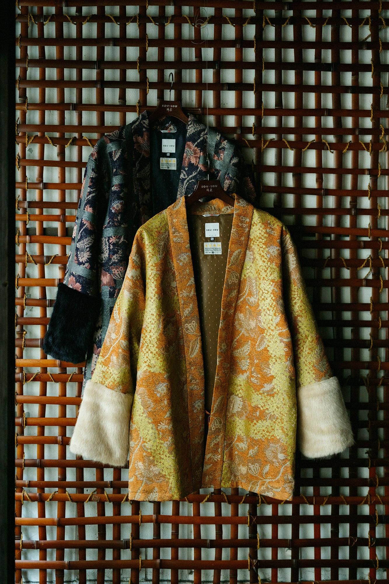 Gobelin×Faux Fur Bi-color Sleeve Tight Sleeve Hanten Jacket with Lining  / Fence