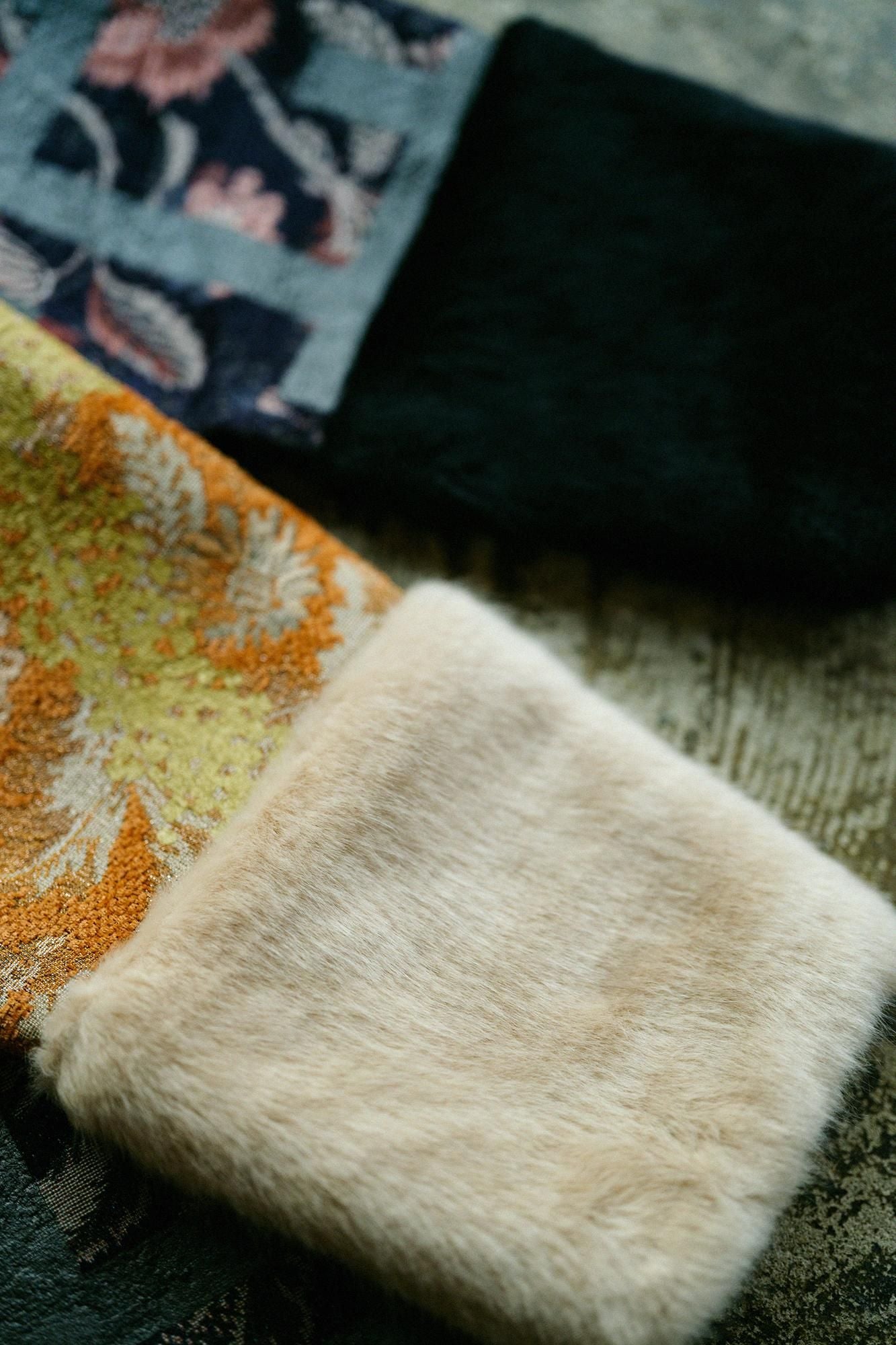 Gobelin×Faux Fur Bi-color Sleeve Tight Sleeve Hanten Jacket with Lining  / Fence