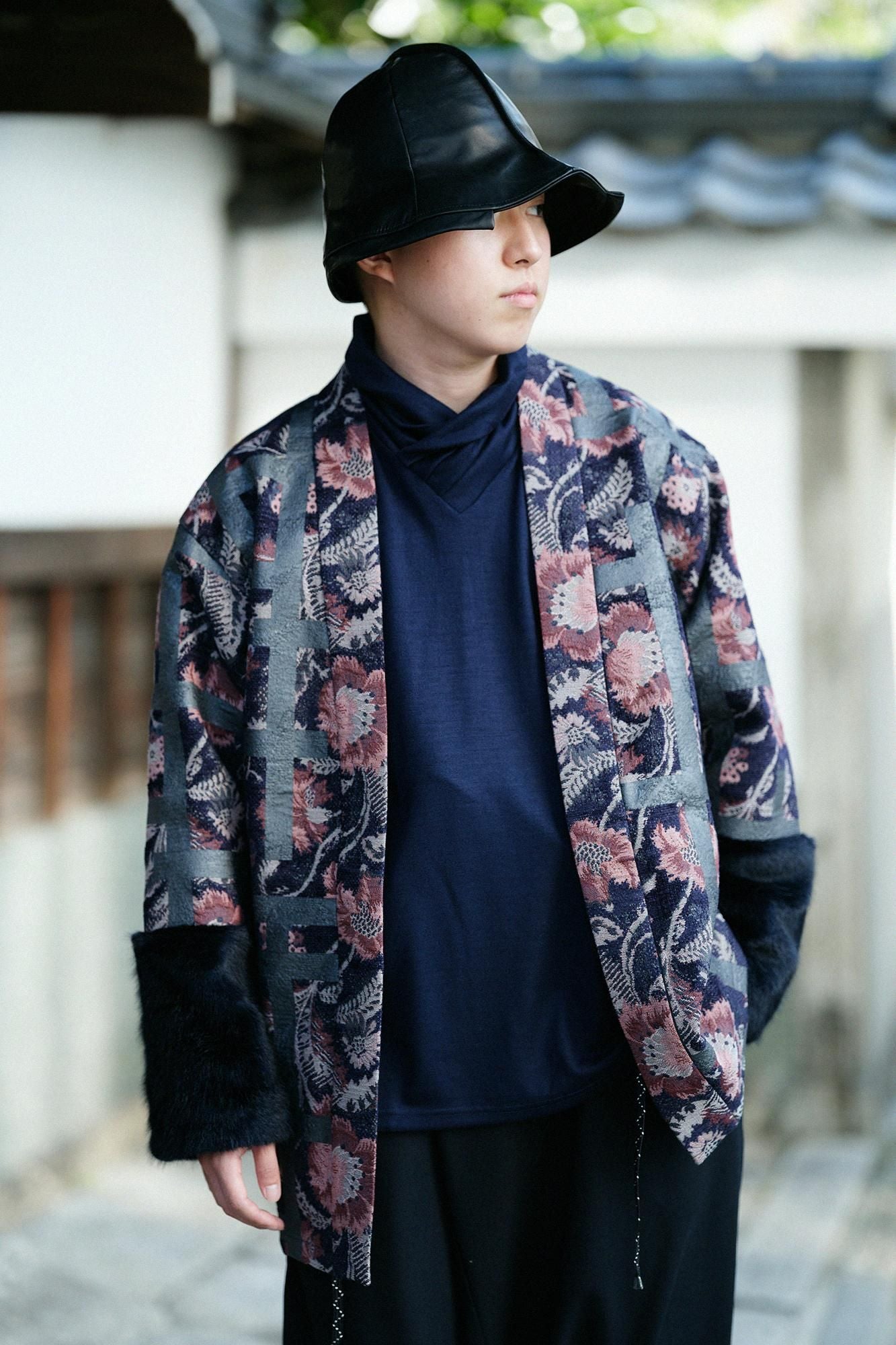 Gobelin×Faux Fur Bi-color Sleeve Tight Sleeve Hanten Jacket with Lining  / Fence