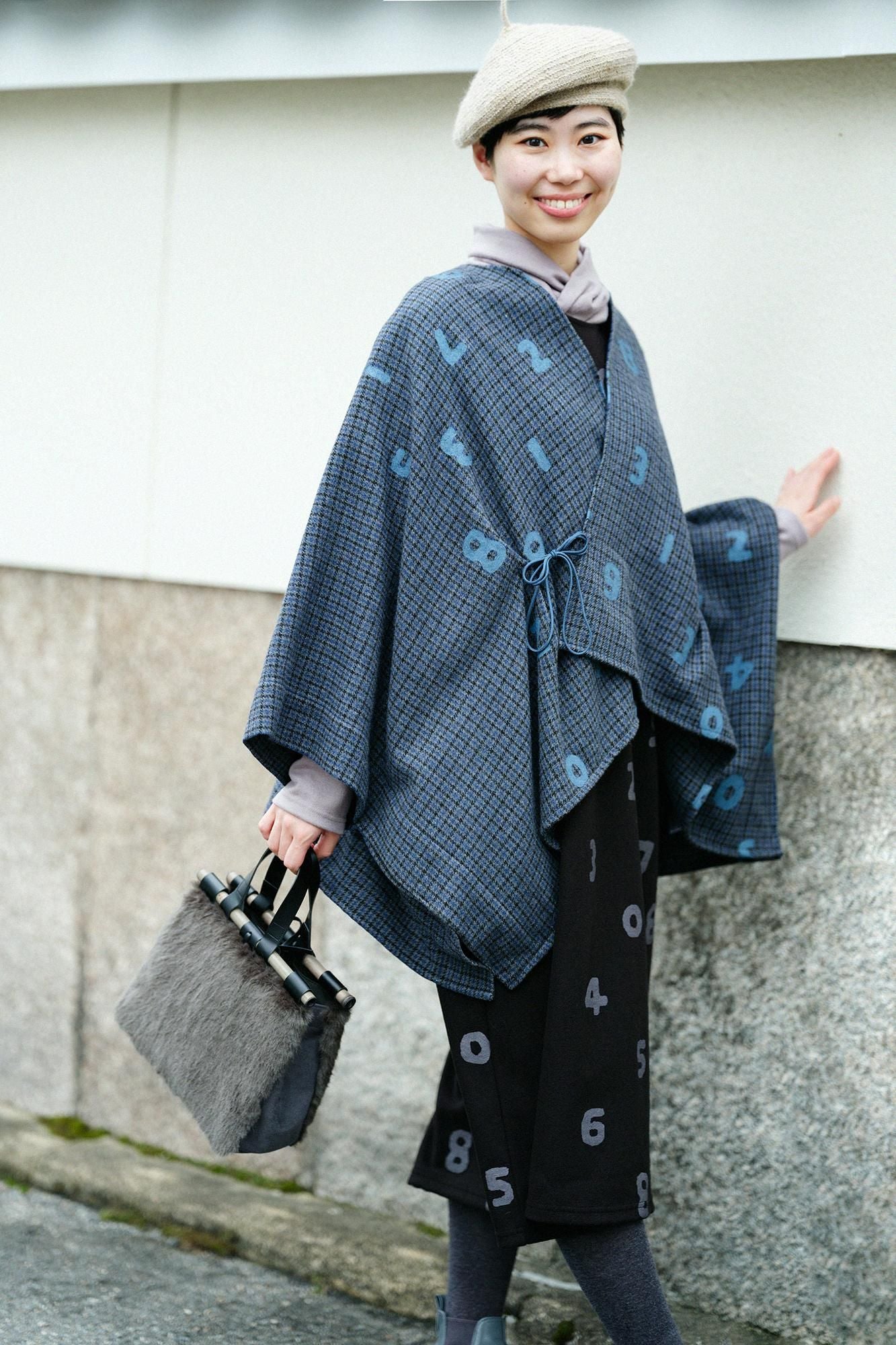 粗花呢 格紋織 如月披風 短版／SO-SU-U十數 上下和留白 深藍色×暗藍色