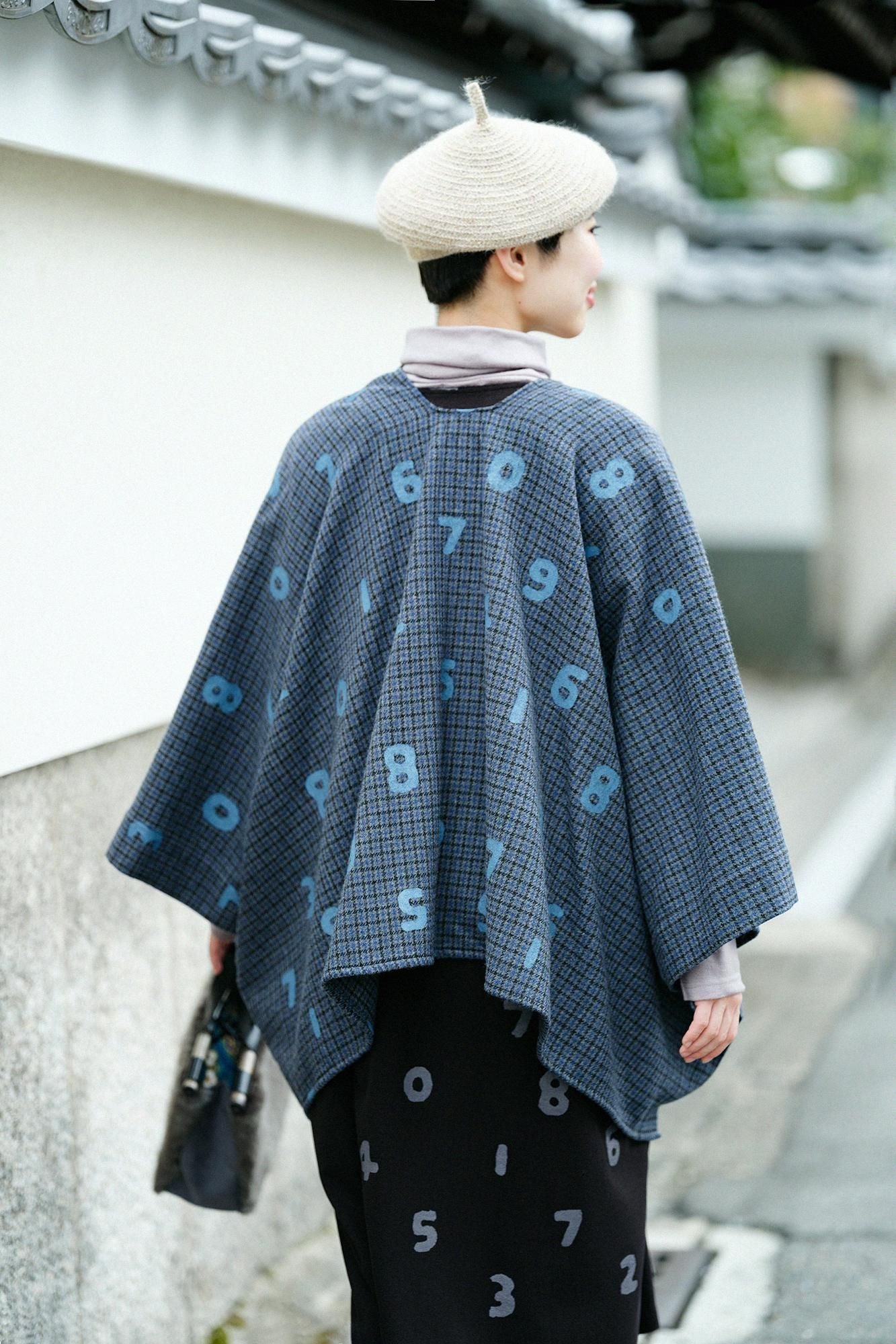 粗花呢 格紋織 如月披風 短版／SO-SU-U十數 上下和留白 深藍色×暗藍色